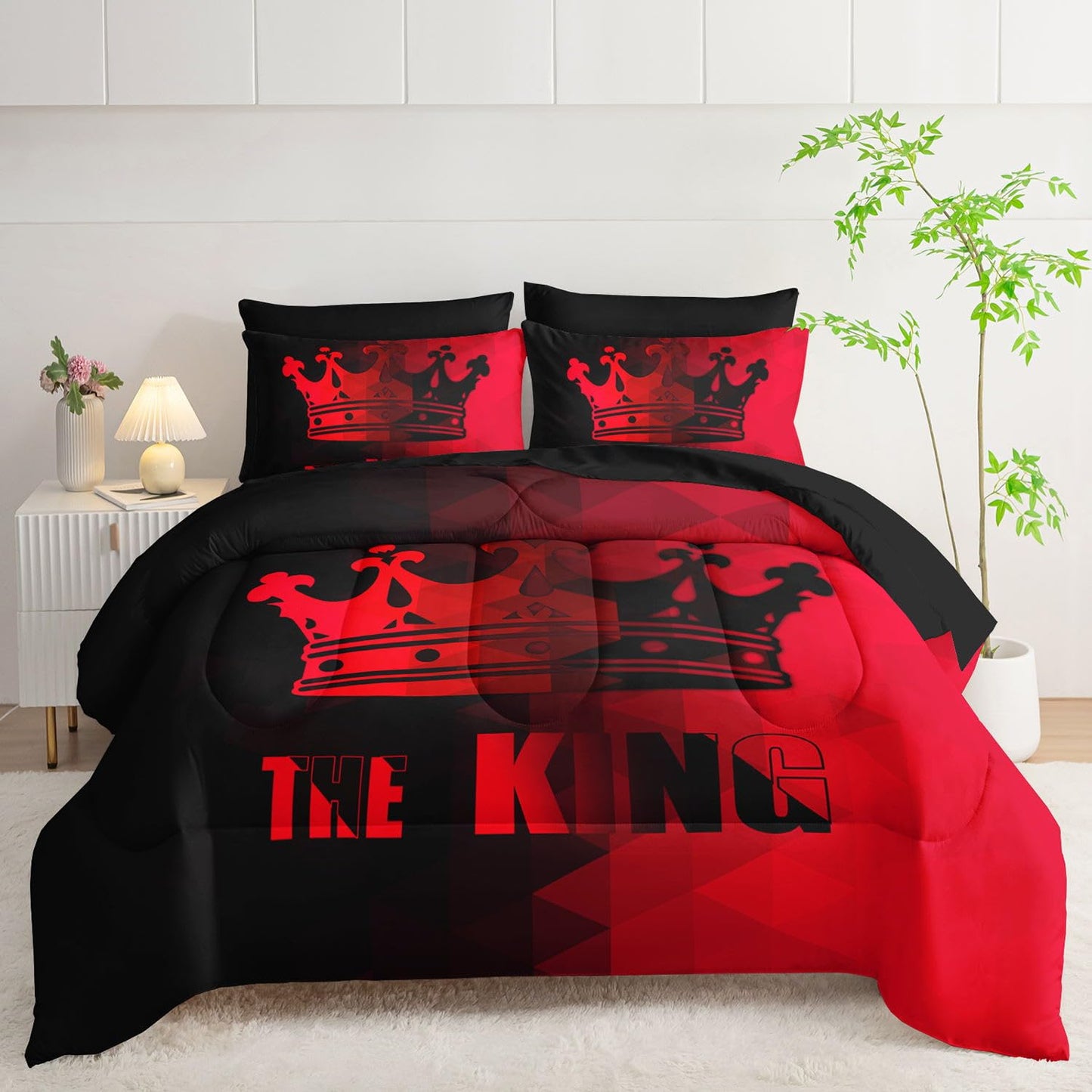 Smell Sunshine 7Pcs Crown Comforter Set Black Red Gradient Art Printed Bedding Set with 1 Comforter, 1 Flat Sheet, 1 Fitted Sheet and 4 Pillowcases for Boys and Girls Bedroom All Season(Crown Twin