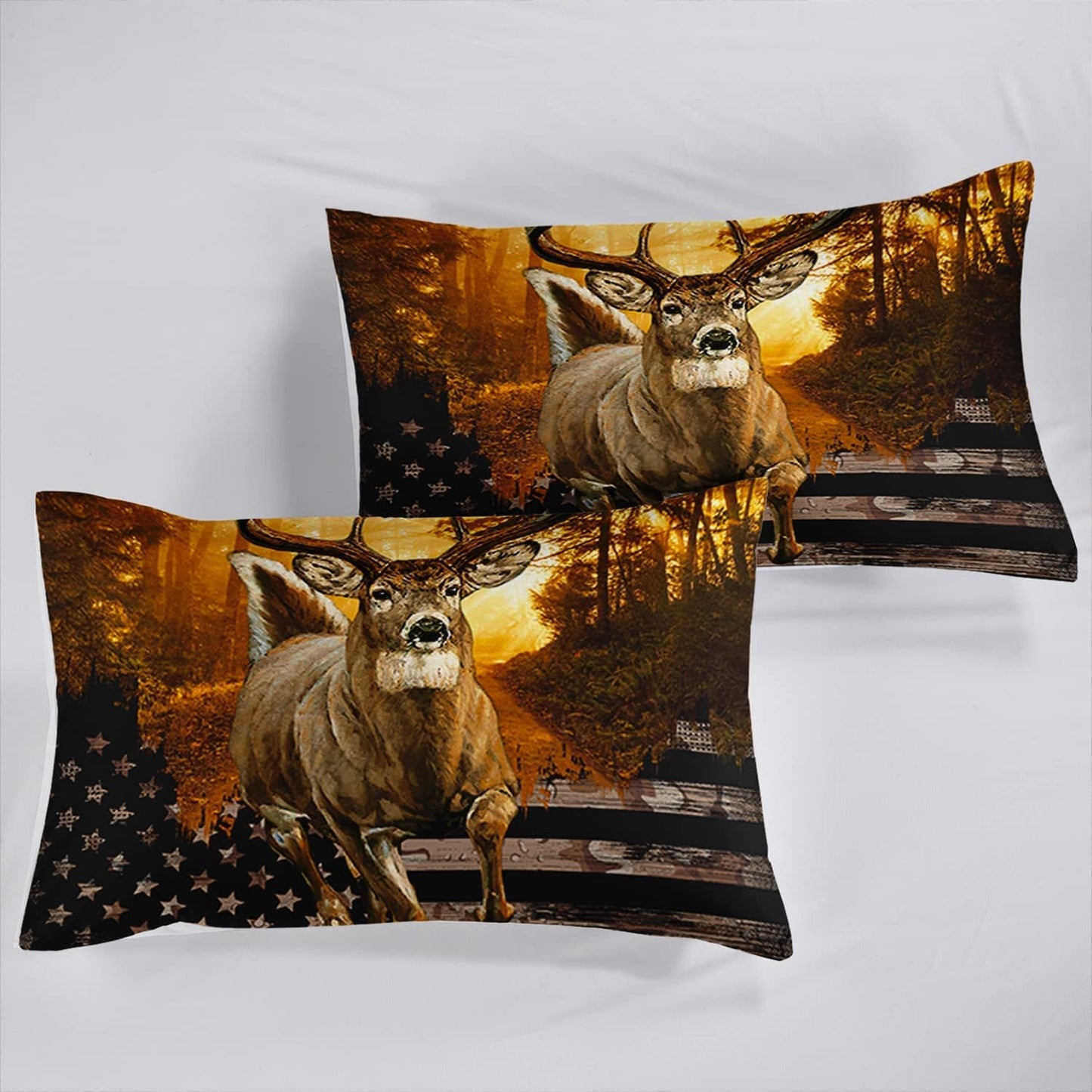 CVHOUSE Deer Hunting Duvet Cover Queen Size,American Flag Bedding Set,Deer Theme Comforter for Boys Kids Teens,1 2 Pillowcases 3 Piece Queen 89'x89'