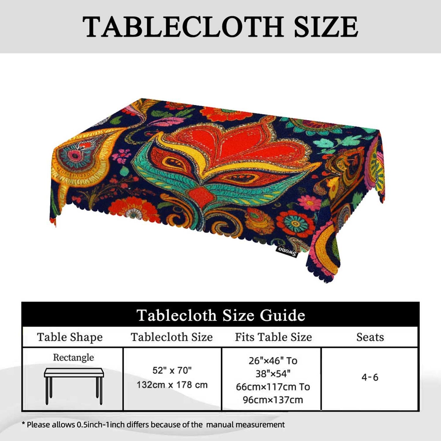 Swono Paisley Floral Rectangular Tablecloth Retro Colorful Indian Style Boho Ethnic Flowers Washable Table Cloth Kitchen Dining Room Table Cover for Party Dinner 50x72 Inch Tablecloths