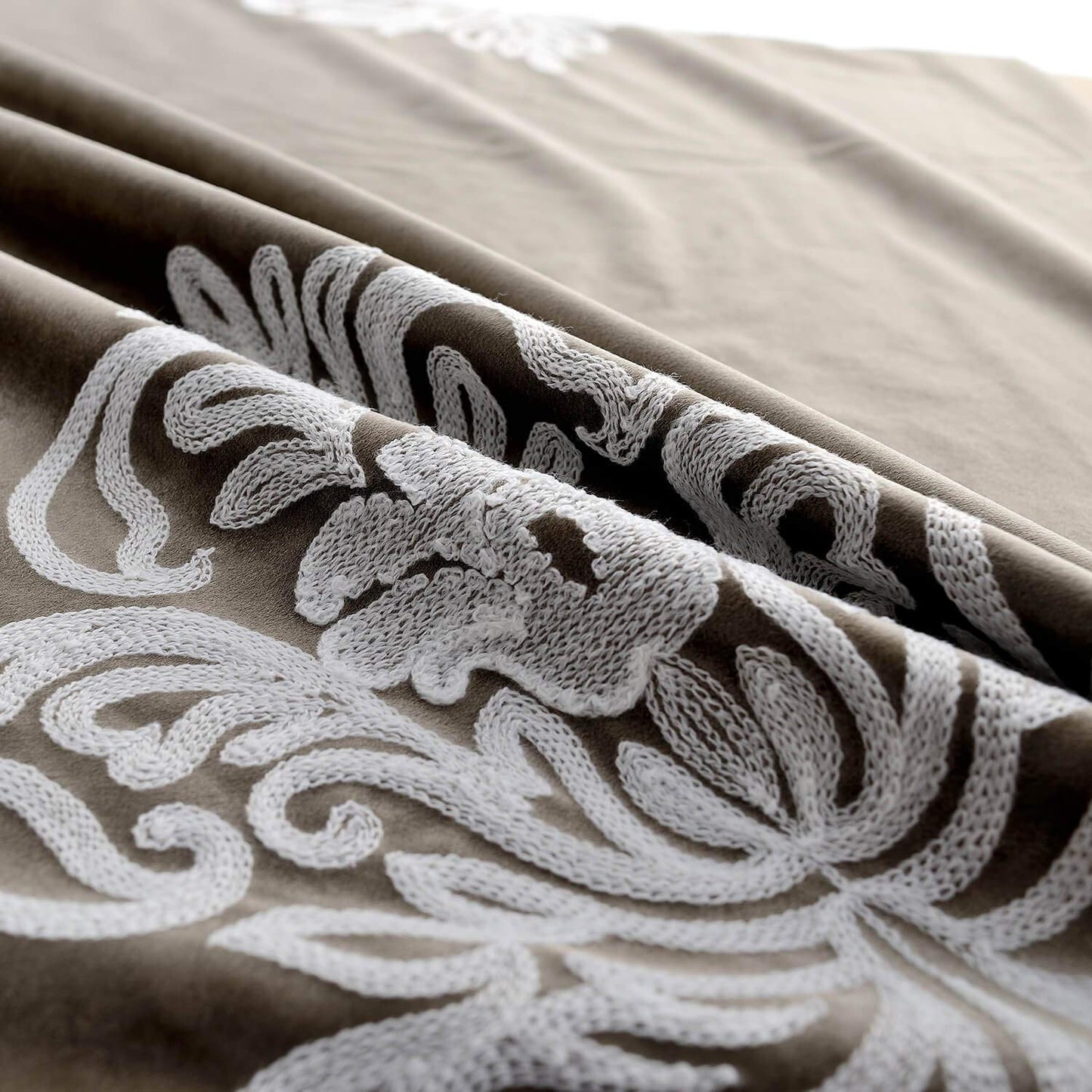 VOGOL Super Soft Luxury Velvet Blackout Curtains, Grommet White Flower Embroidered Soft Chocolate Brown Flannel Draperies for Living Room, 52 x 96 Inch, 2 Panels, Noise Reduction