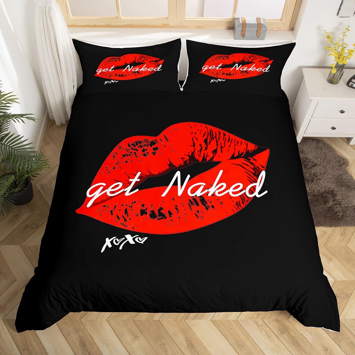 Feelyou Sexy Red Lips Bedding Set Get Naked Comforter Cover for Couple Lover Men Women Funny Quotes Duvet Cover Modern Fashion Stylish Black Red White Bed Set Room Decor Quilt King Size (No Comforter)