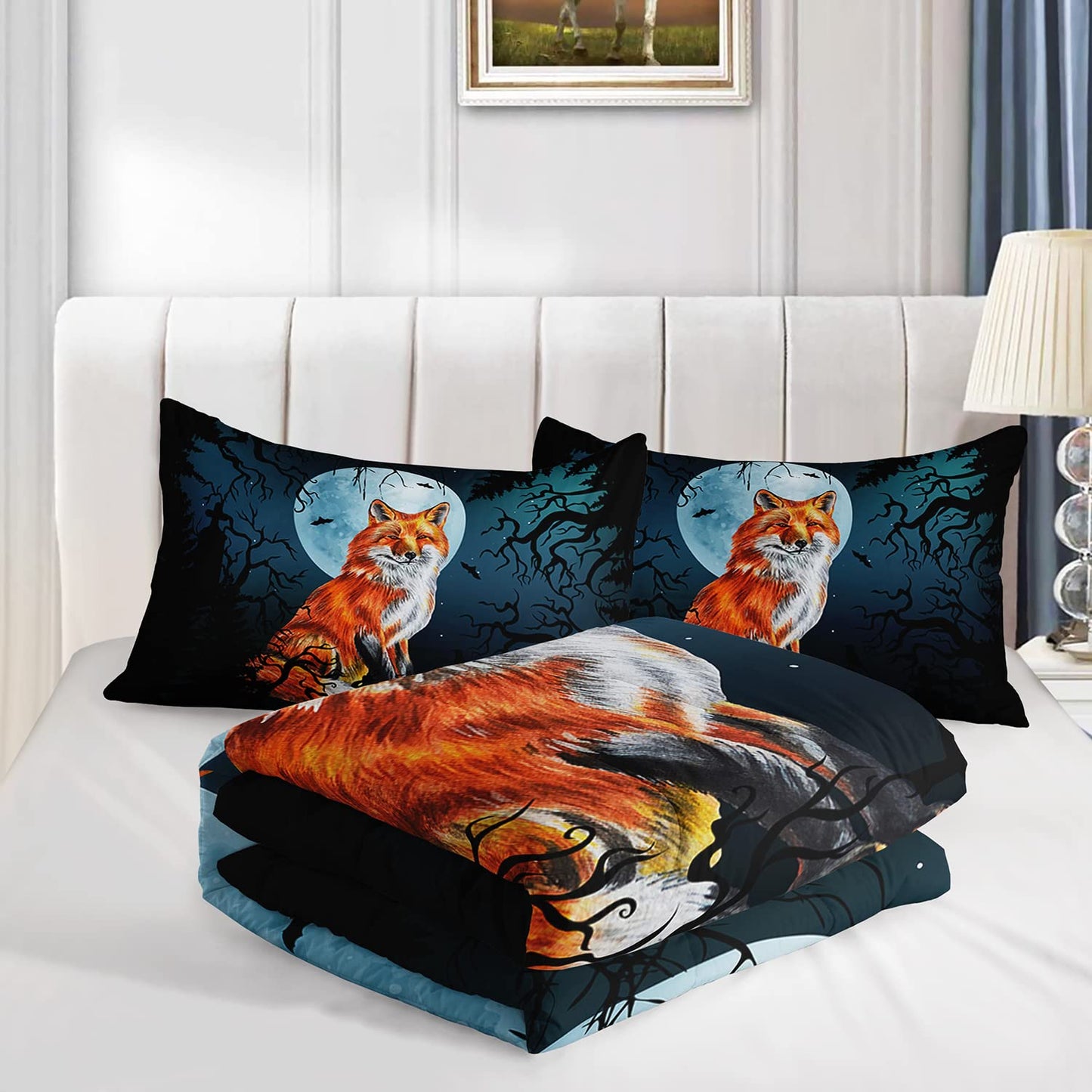 AILONEN Fox Comforter Sets for Teens, Fox Cartoon Printed Bedding Sets Queen Size,Fox Comforter,Fox Animals Bed Set for Bedroom,Fox Duvet,3 Piece 1 Comforter and 2 Pillowcases