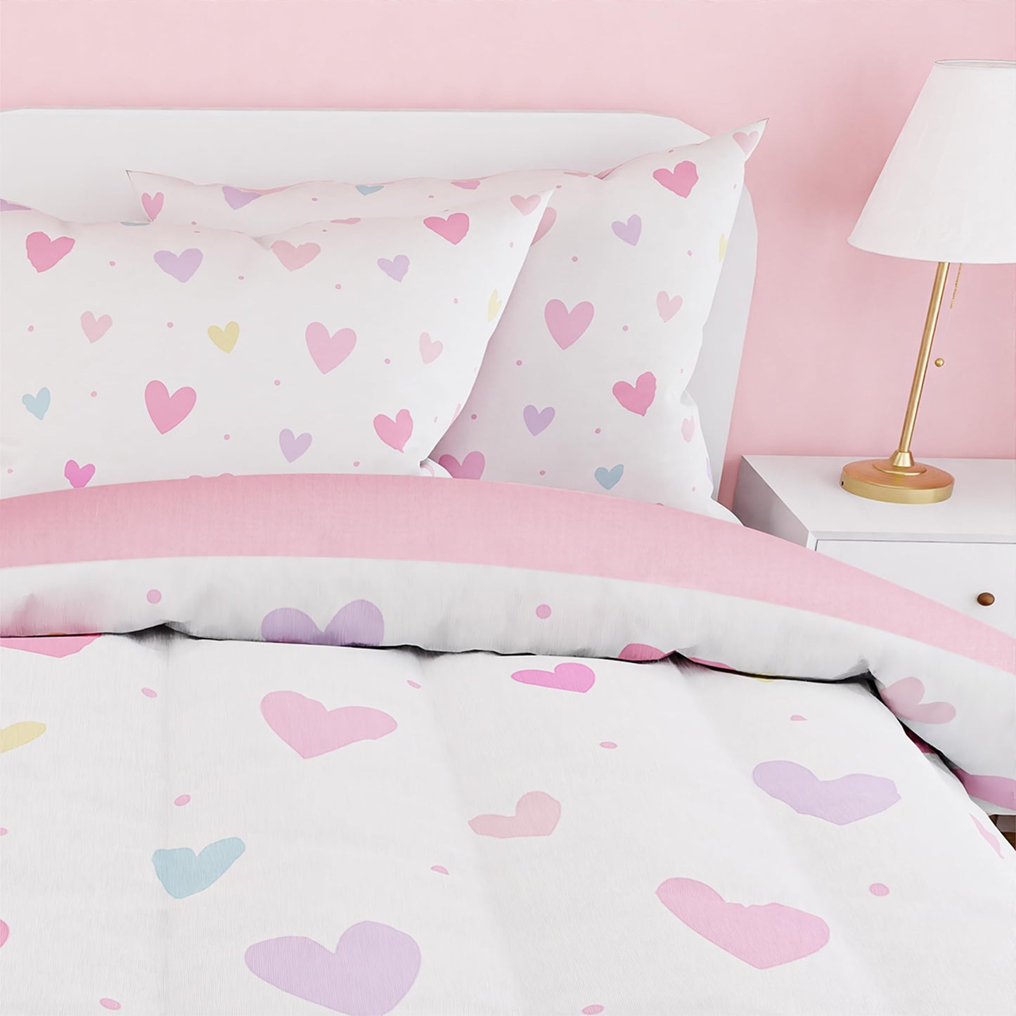 SANDJEST Heart Comforter Set Twin Size 68x86in for Kids Girls, Microfiber 3 Pcs Bedding Set Includes 1 Comforter, 1 Pillowcase, 1 Fitted Sheet, Nursery Room Decor