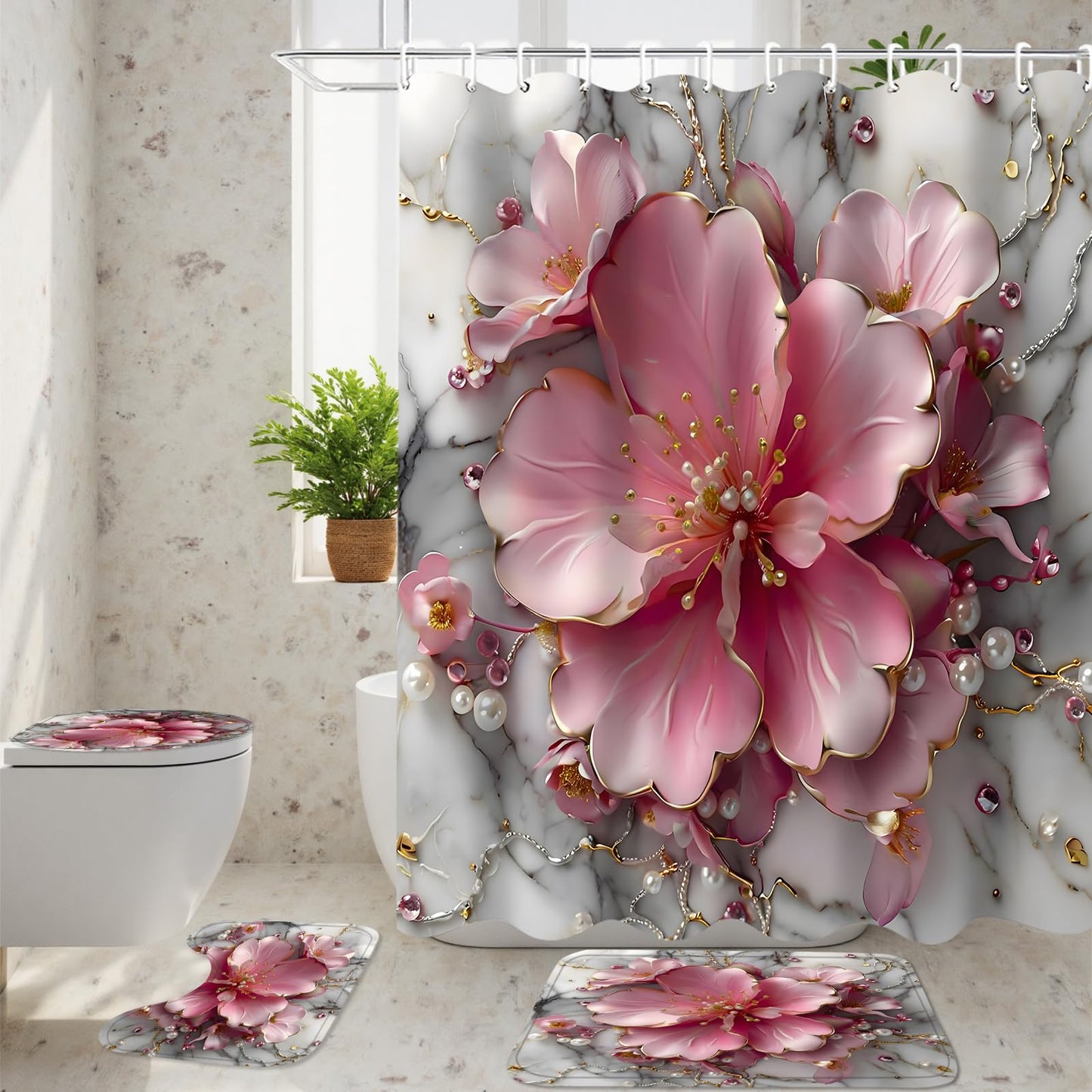 AZHM 4Pcs Pink 3D Floral Bathroom Shower Curtain Set Modern Marble Shower Curtain and Rugs Spring Flower Bathroom Set with Accessories and 12 Hooks