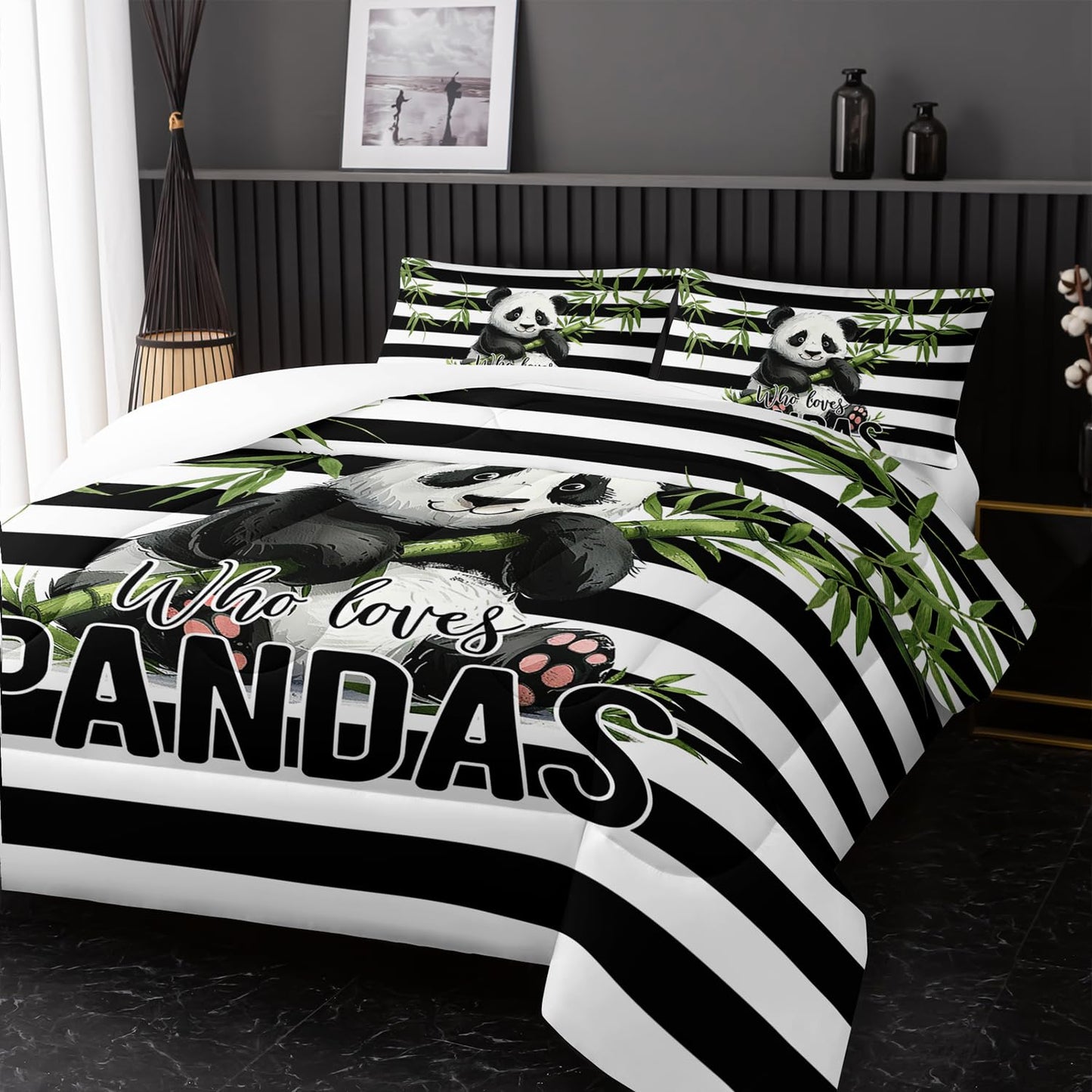 Nttopship Kawaii Panda Bedding Set - Striped Animal Theme Comforter for Girls, Kids, Teens - Twin Size With 2 Pillowcases