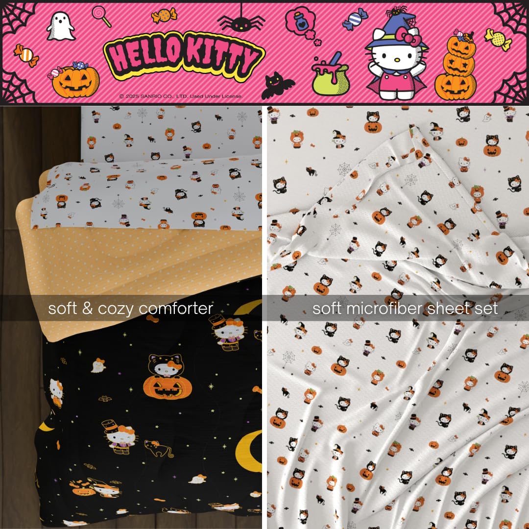 Sanrio Hello Kitty Halloween Pumpkin Twin Bed Set – Super Soft & Cozy 4 Piece Reversible Comforter and Sheet Set (Officially Licensed Product) by Franco