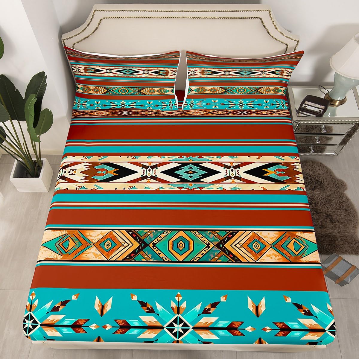jejeloiu Southwestern Aztec Bed Sheets Sets Queen Size Kids Boys Girls Western Aztec Bedding Set Boho Bed Sheet Set with 16-Inch Deep Pockets Geometric Ethnic 4Pcs with 2 Pillow Cases