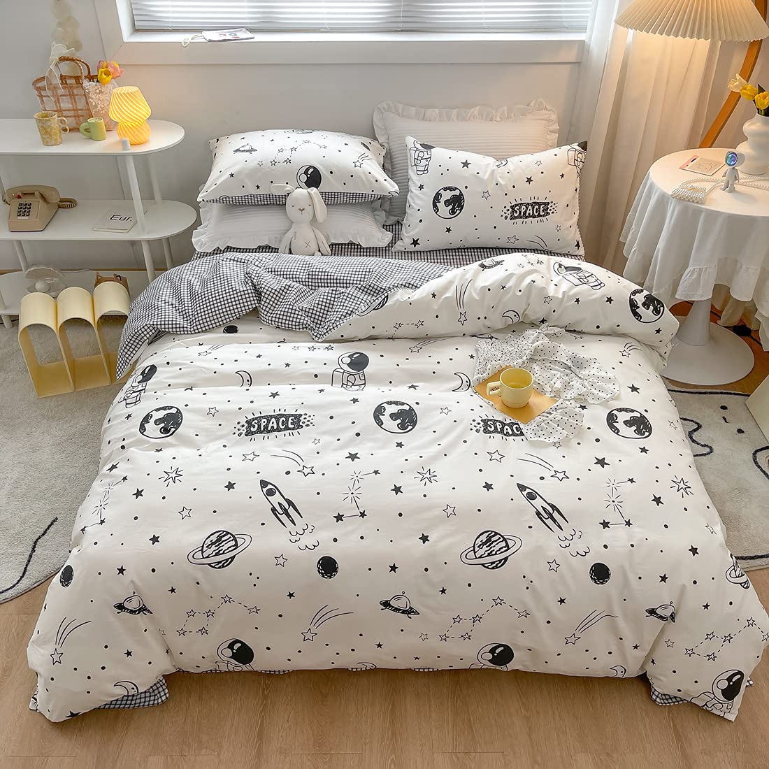 LIWHENHAO Space Duvet Cover Set 100% Cotton Full Queen Cartoon Rocket Astronaut Universe Planet Bedding 1 Black White Comforter Cover 2 Pillowcases for Kids Girls Boys Teens Woman