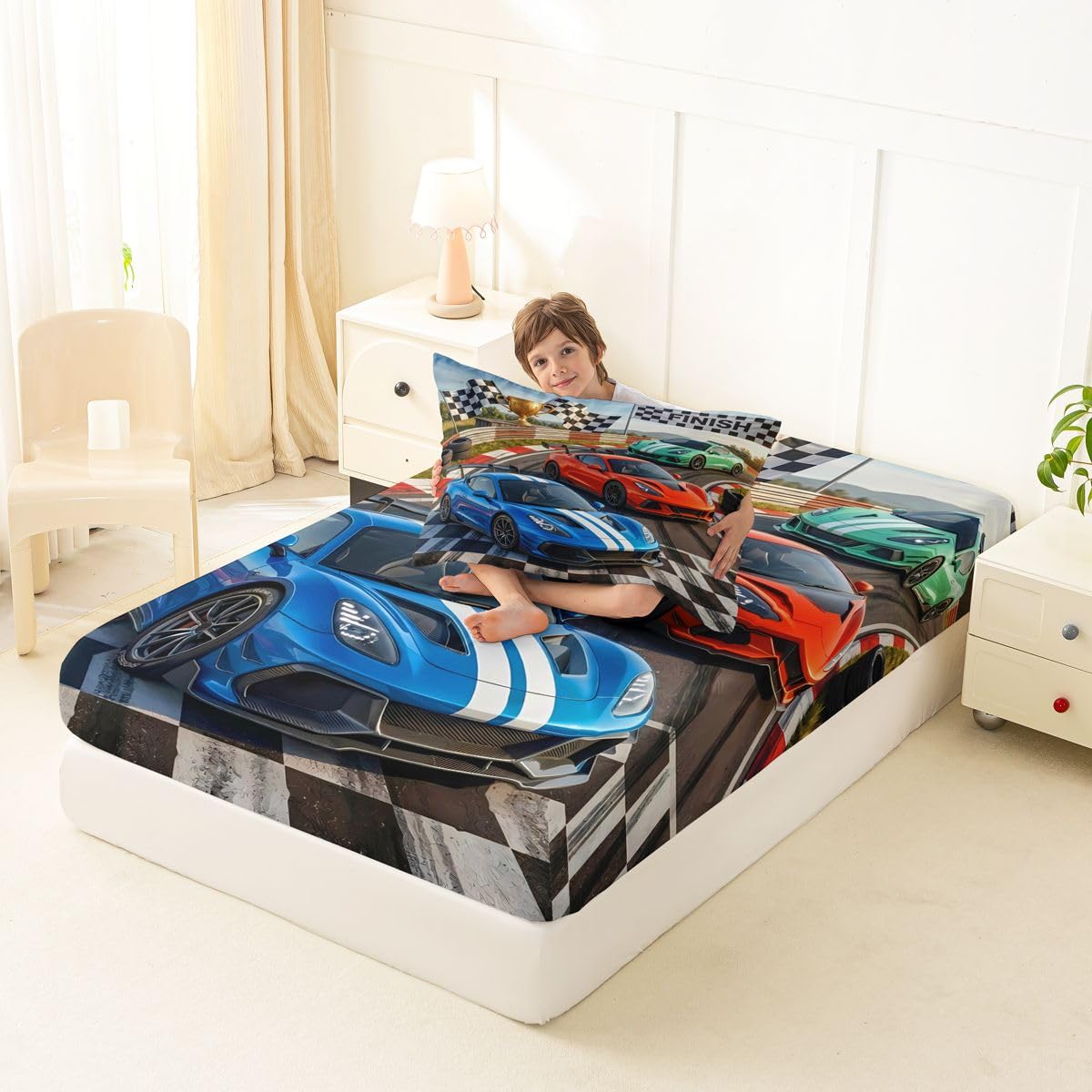 Feelyou Boys Race Car Fitted Sheet Twin Size for Kids Boys Girls Speed Sports Car Bed Sheets Set 16" Deep Pocket Soft Breathable Racing Extreme Sports Bedding with 1 Pillowcase Automobile Room Decor
