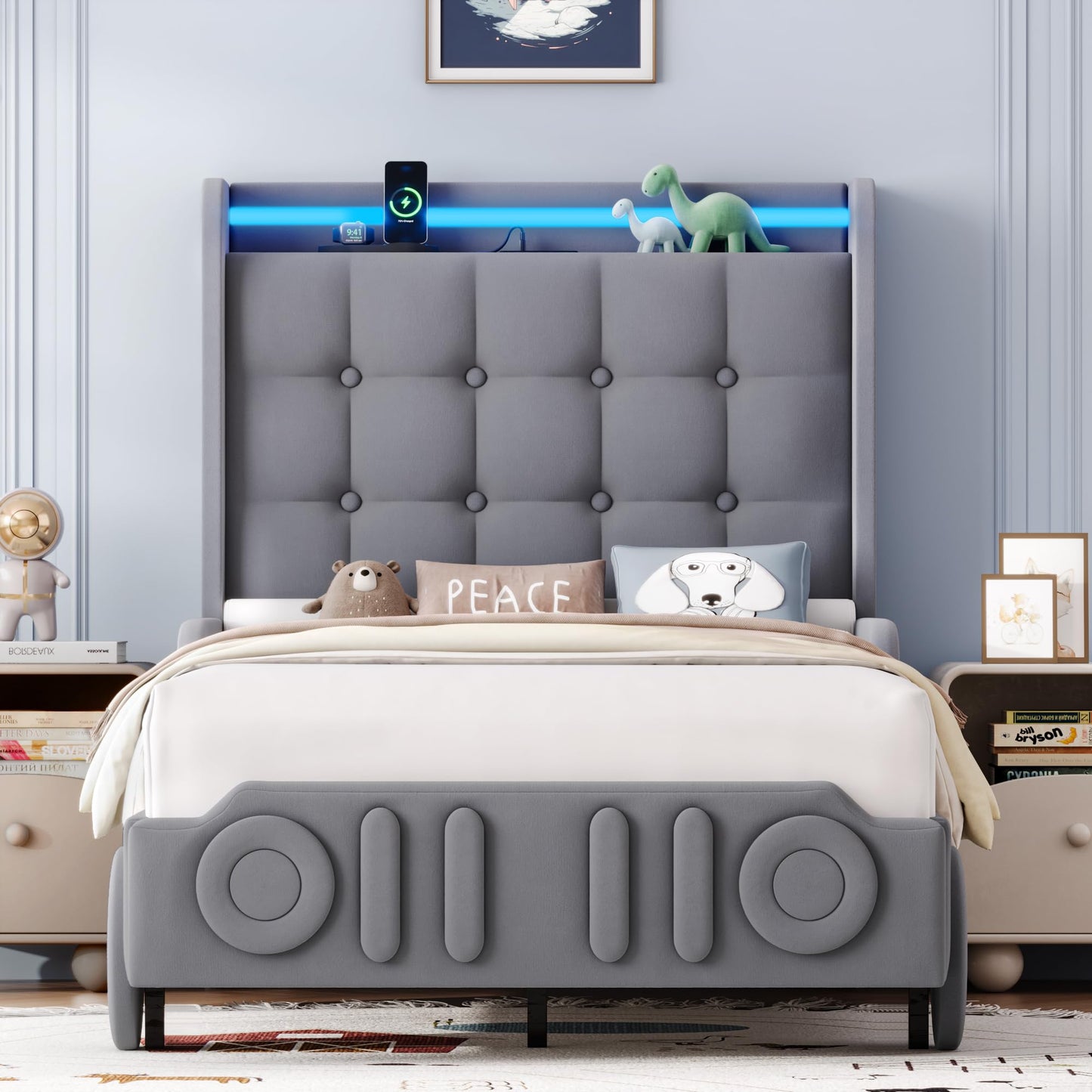 Keyluv Twin Car Bed Frame with LED Lights and Charging Station, Upholstered Platform Bed with Button Tufted Headboard and Wheels, No Box Spring Needed, Noise-Free, Easy Assembly, Velvet Grey