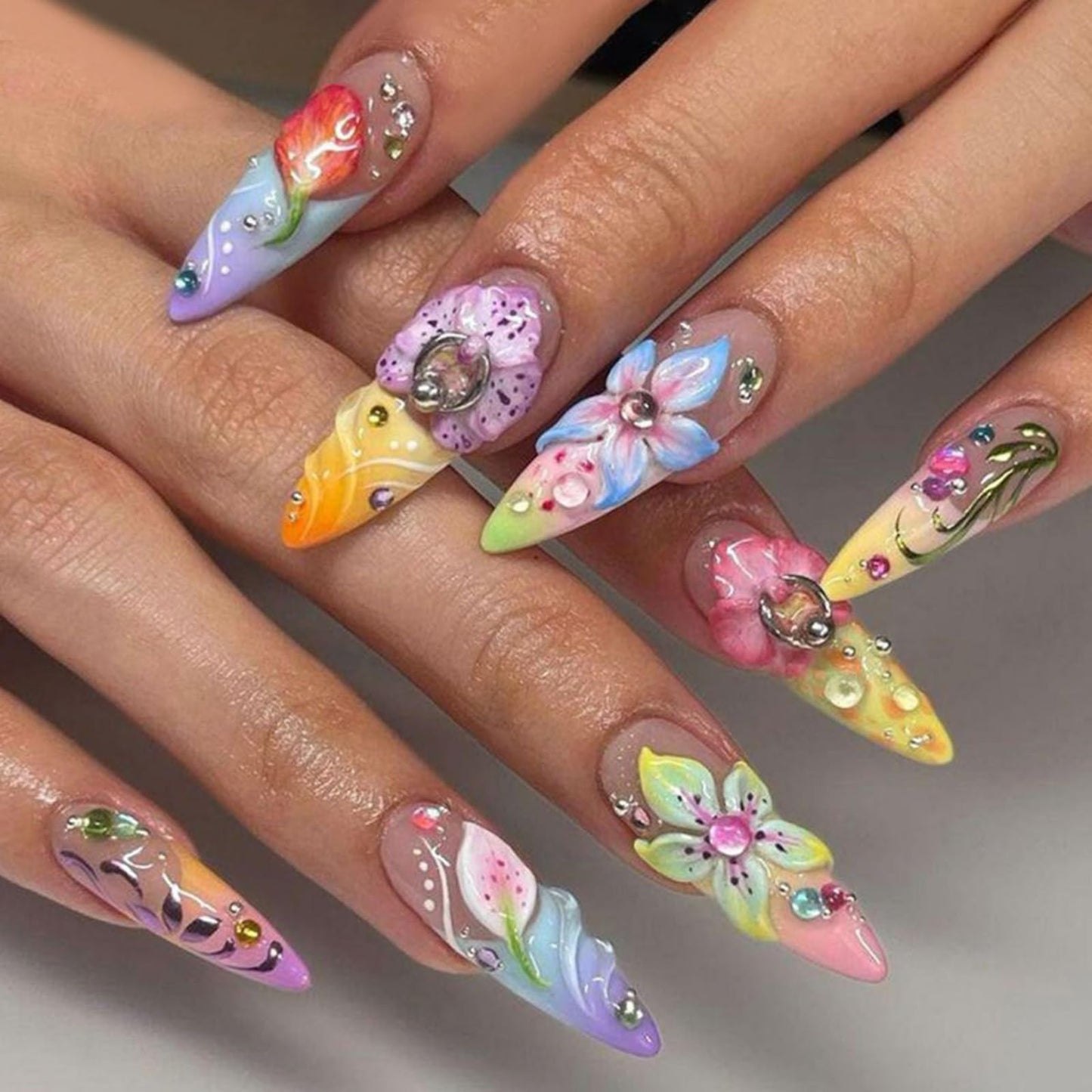 Summer Long Press on Nails Almond Fake Nails Flowers Colorful Artificial Nail with Rhinestone Beach Designs Stick on Nail for Women 24pcs