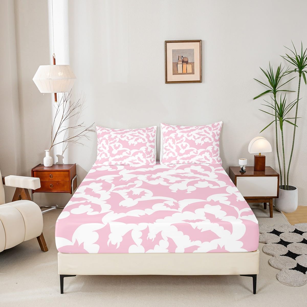 Castle Fairy Halloween Themed Bed Sheet Set for Boys Girls,Pink Bats Wild Animal Print Bed Sheet Set Full Size Bedding Set,Pink White Color Fitted Sheet and 1 Flat, 2 Pillow Sham