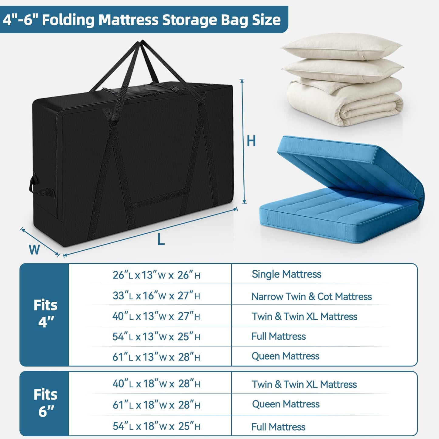 FREEAMG Folding Mattress Storage Bag, Fits 4" Twin & Twin XL Mattress 650D Oxford Cloth Trifold Memory Foam Mattress Carry Case,Portable Heavy Duty Mattress Moving Bag for Tri-Fold Guest Bed Mattress