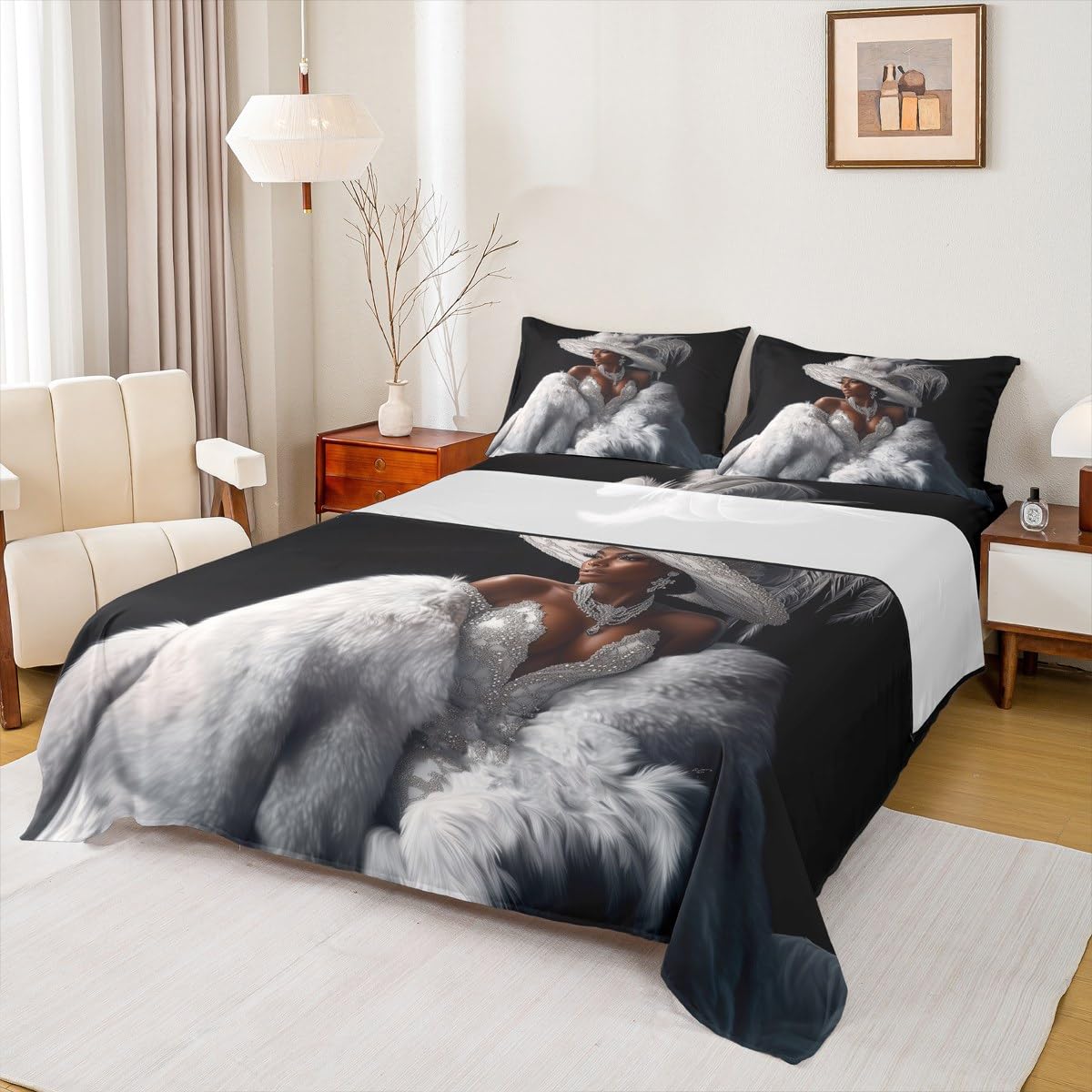 Erosebridal Black Girl Bed Sheets King Size Modern Trendy Grey Silver Sheet Set for Girls Teens Women African American Fashion Dress Bedding Set Diamond Print Aesthetic Elegant Sheets