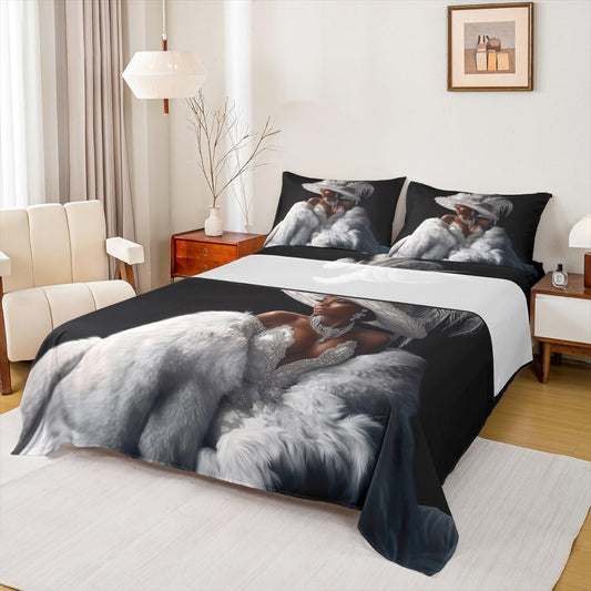 Erosebridal Black Girl Bed Sheets King Size Modern Trendy Grey Silver Sheet Set for Girls Teens Women African American Fashion Dress Bedding Set Diamond Print Aesthetic Elegant Sheets
