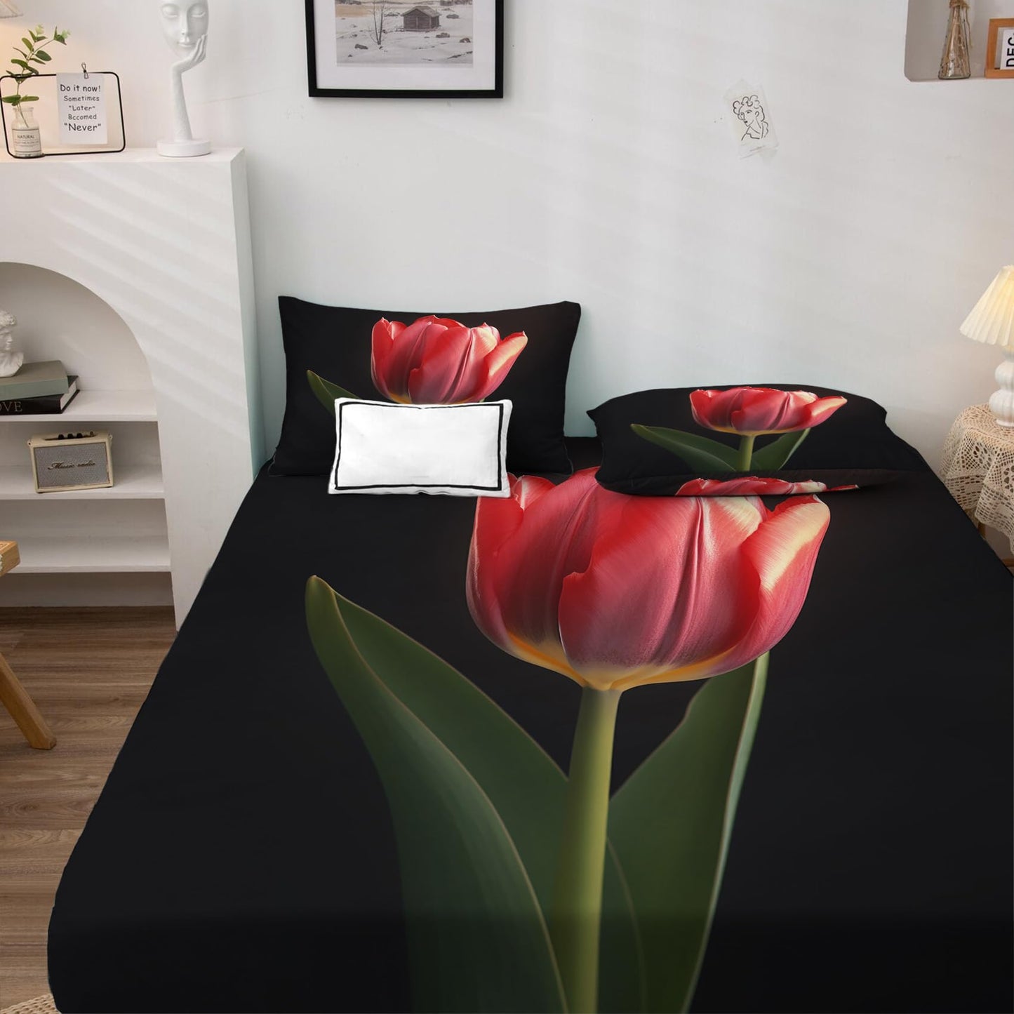 King Size Sheets Set - Tulip Bed Sheets, Floral Bedding Sheets & Pillowcases, Soft Microfiber & Deep Pocket & Wrinkle Free Patterned Sheet Set, 4 Piece ( 1 Fitted Sheet, 1 Flat Sheet, 2 Pillow Cases )