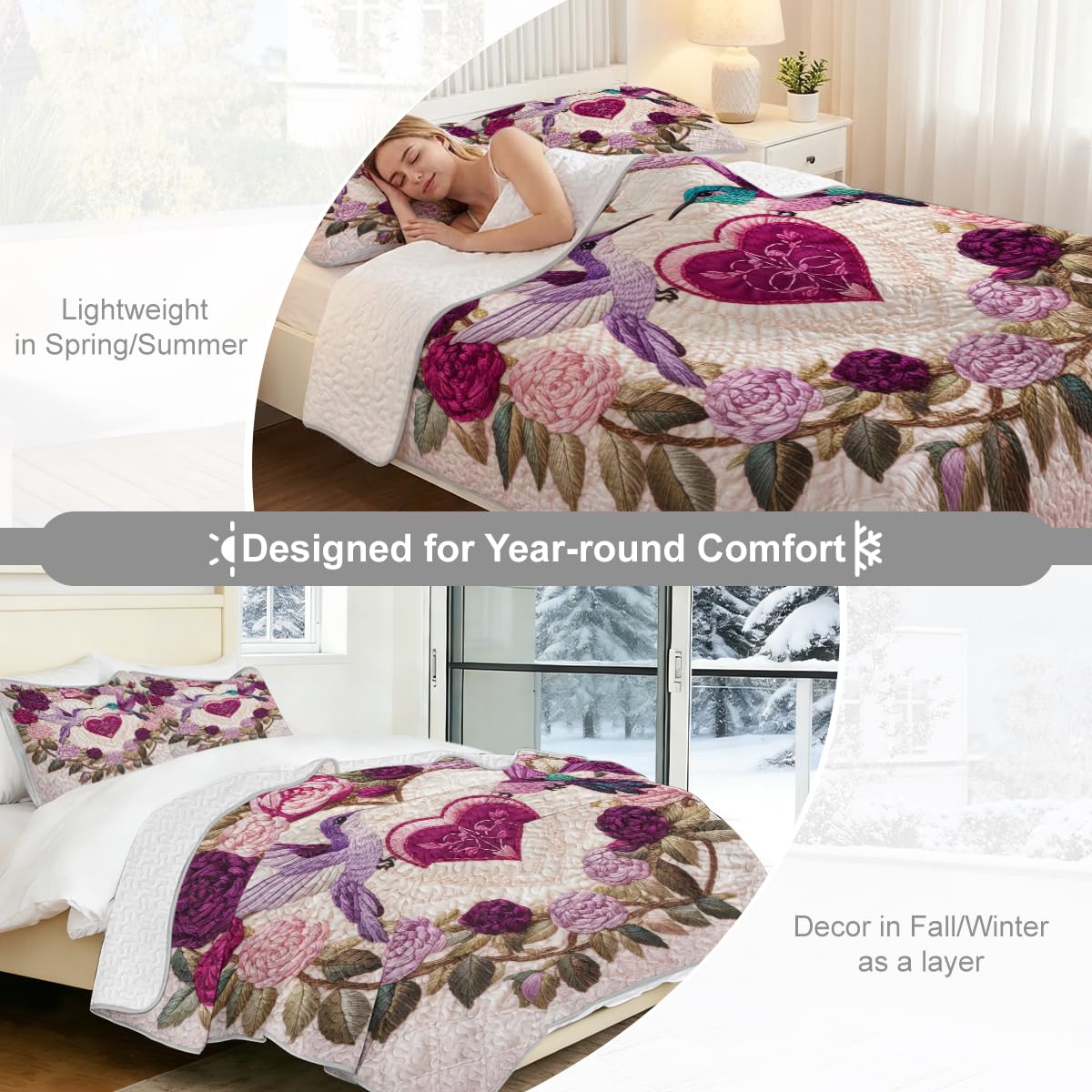 ARIGHTEX Flower Bird Quilt Set Queen Size Love Theme Hummingbird Floral Bedding Set Lightweight Botanical Quilt Coverlet Soft Microfiber Bedspread Gift Bedding Set with Shams