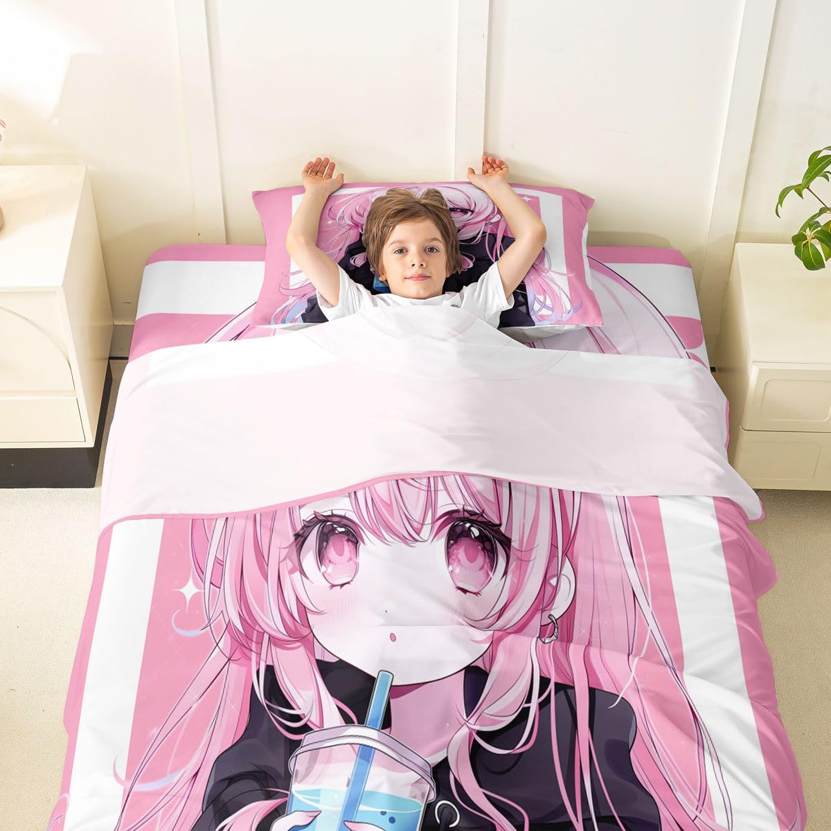 Erosebridal 3D Japanese Sheets Twin Anime Girl Drinking Milk Tea Bed Sheets Set Cute Kawaii Girly Sheet Set for Boys Girls Modern Fashion Aesthetic Bed Sets 3Pcs