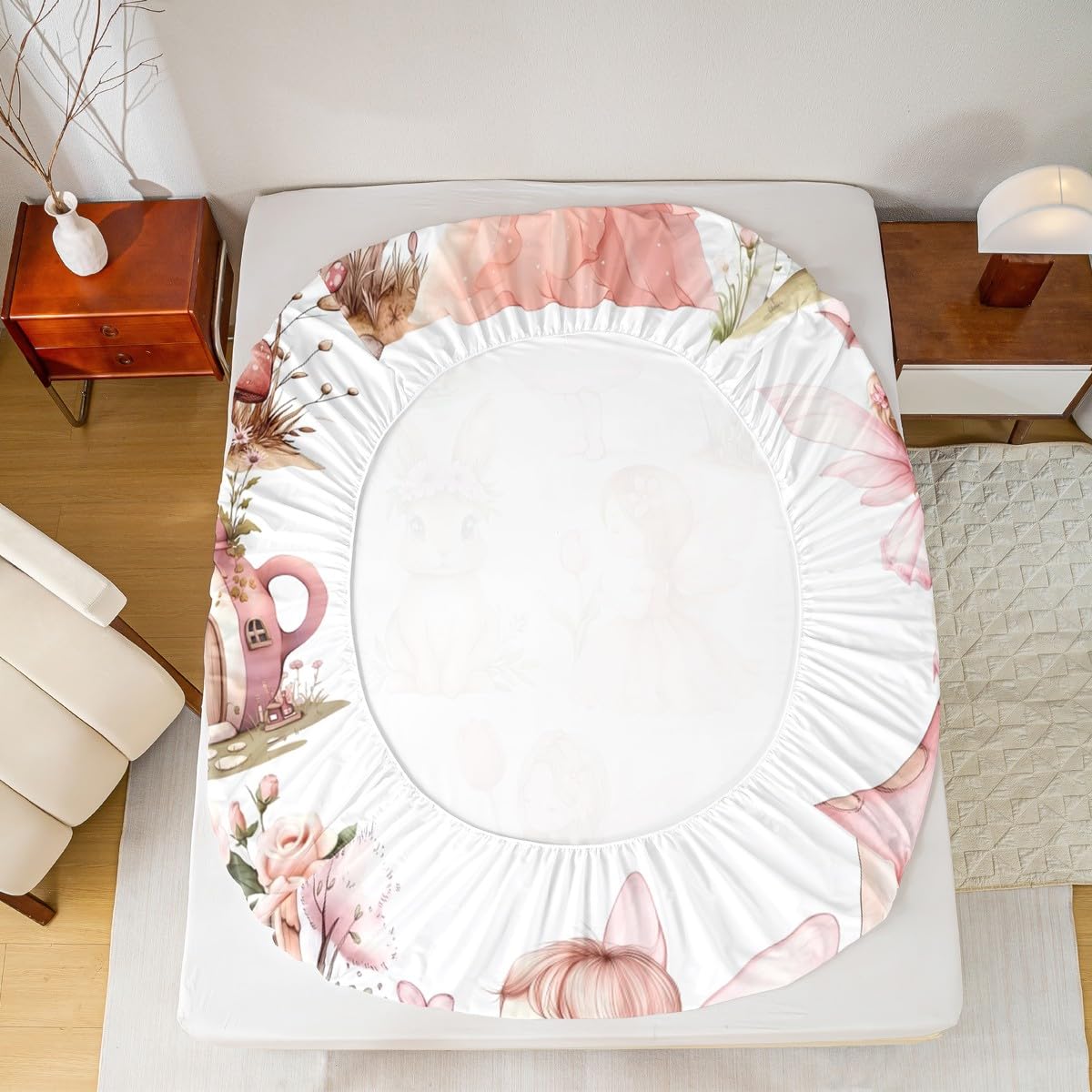 Erosebridal Pink Fairy Garden Twin Fitted Sheet - Mushroom Floral Bedding Set for Girls Kids, Butterfly Flower Bunny Bottom Sheets Only | Kawaii Fairies Girly Bed Set 2 Piece Bedroom Decor