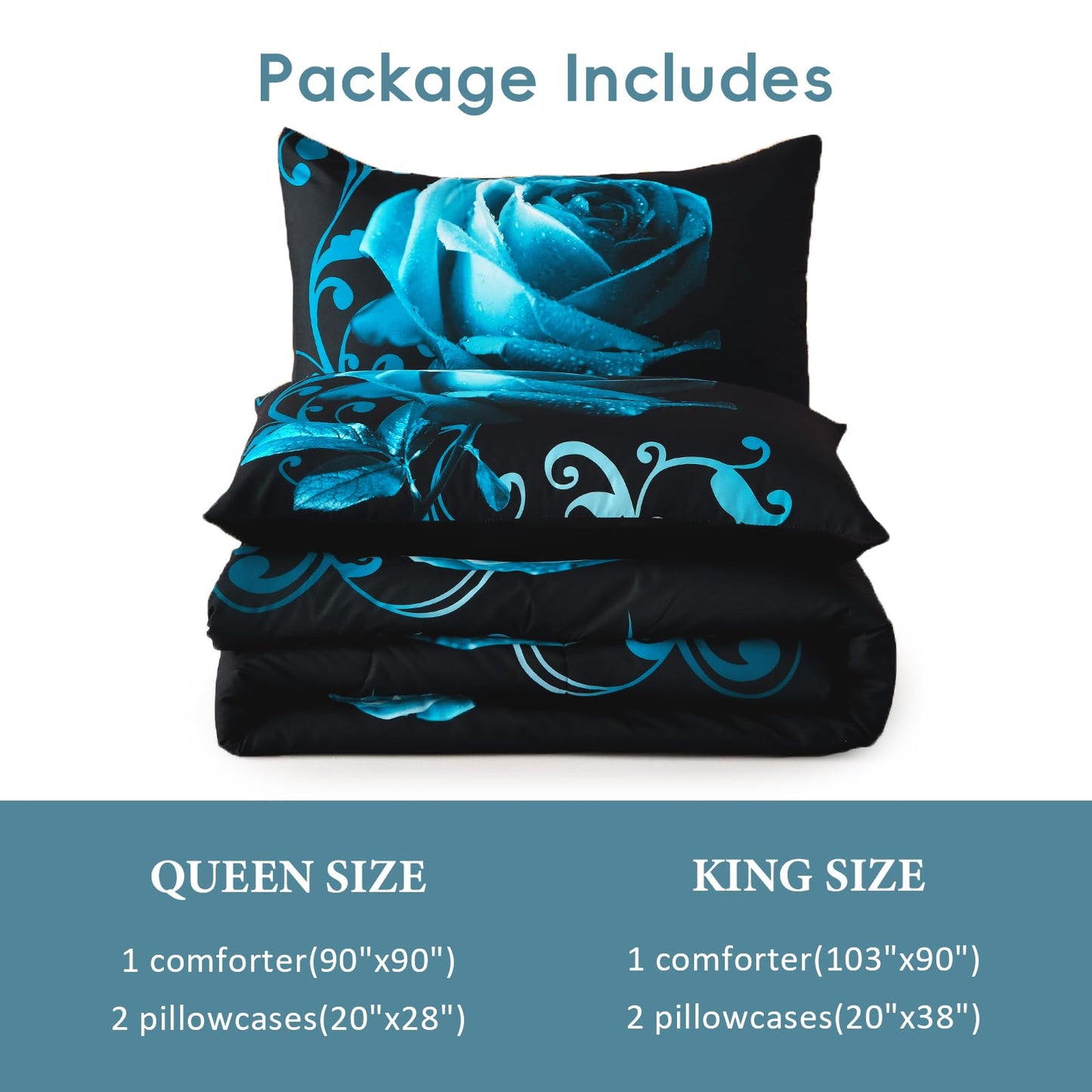 WONGS BEDDING Valentine's Day Teal Blue Comforter Set King Reversible Teal Blue Rose Pattern Printed Bedding Comforter Set with 2 Pillowcases, Soft Microfiber Filling Bedding Set 103"x90"