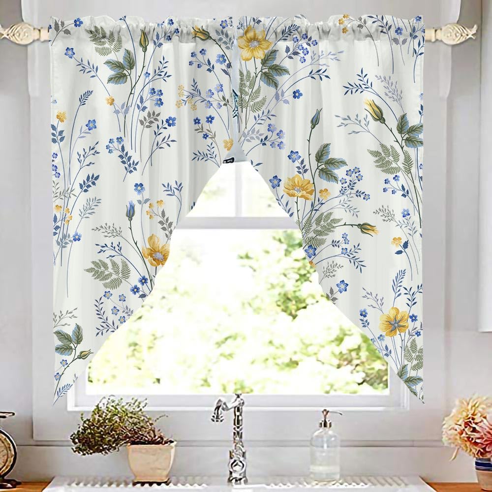 CAPSCEOLL Swag Valances Curtains Floral Leaves Rod Pocket Window Curtains for Kitchen & Bathroom, Farmhouse Decor - 2 Panels 29x36 Inches