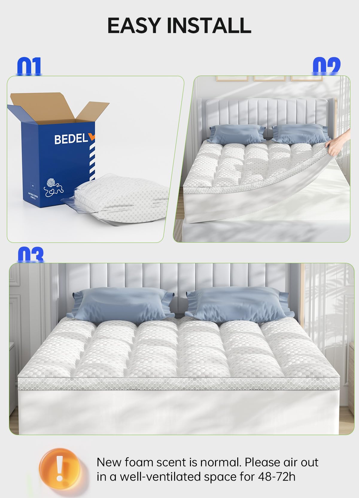 BEDELITE King Mattress Topper 3 Inch Thick Mattress Pad, Plush Pillow Top Bed Cover with Elastic Deep Pockets Up to 6-24 Inch for Pressure Relief, Shredded Memory Foam Filling (White)
