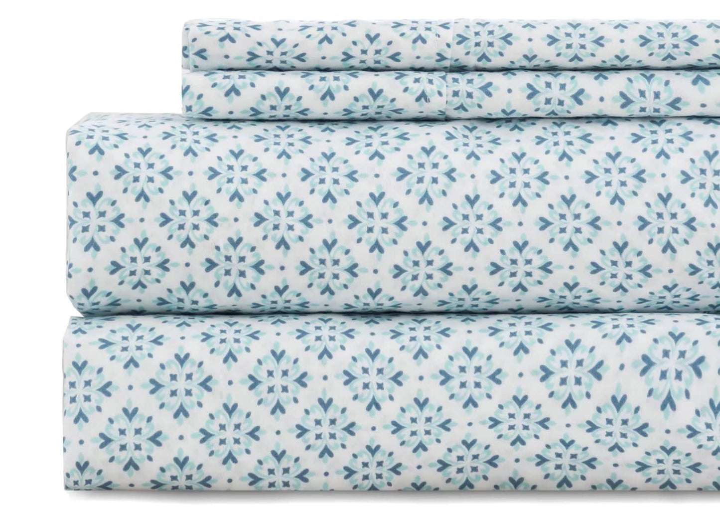 California King Sheet Set 4PC Printed Greenish Blue Floral Pattern Double Bed Luxury Cooling Soft 100% Microfiber Brushed Sheets 17” Deep Pocket, Easy Care, Breathable, Wrinkle Free, Machine Washable