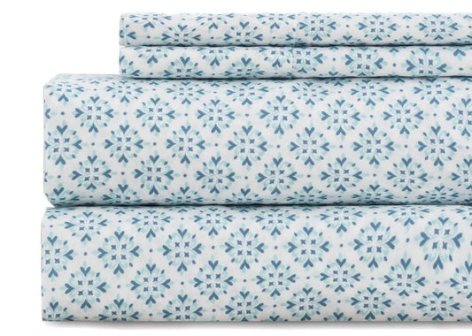 California King Sheet Set 4PC Printed Greenish Blue Floral Pattern Double Bed Luxury Cooling Soft 100% Microfiber Brushed Sheets 17” Deep Pocket, Easy Care, Breathable, Wrinkle Free, Machine Washable