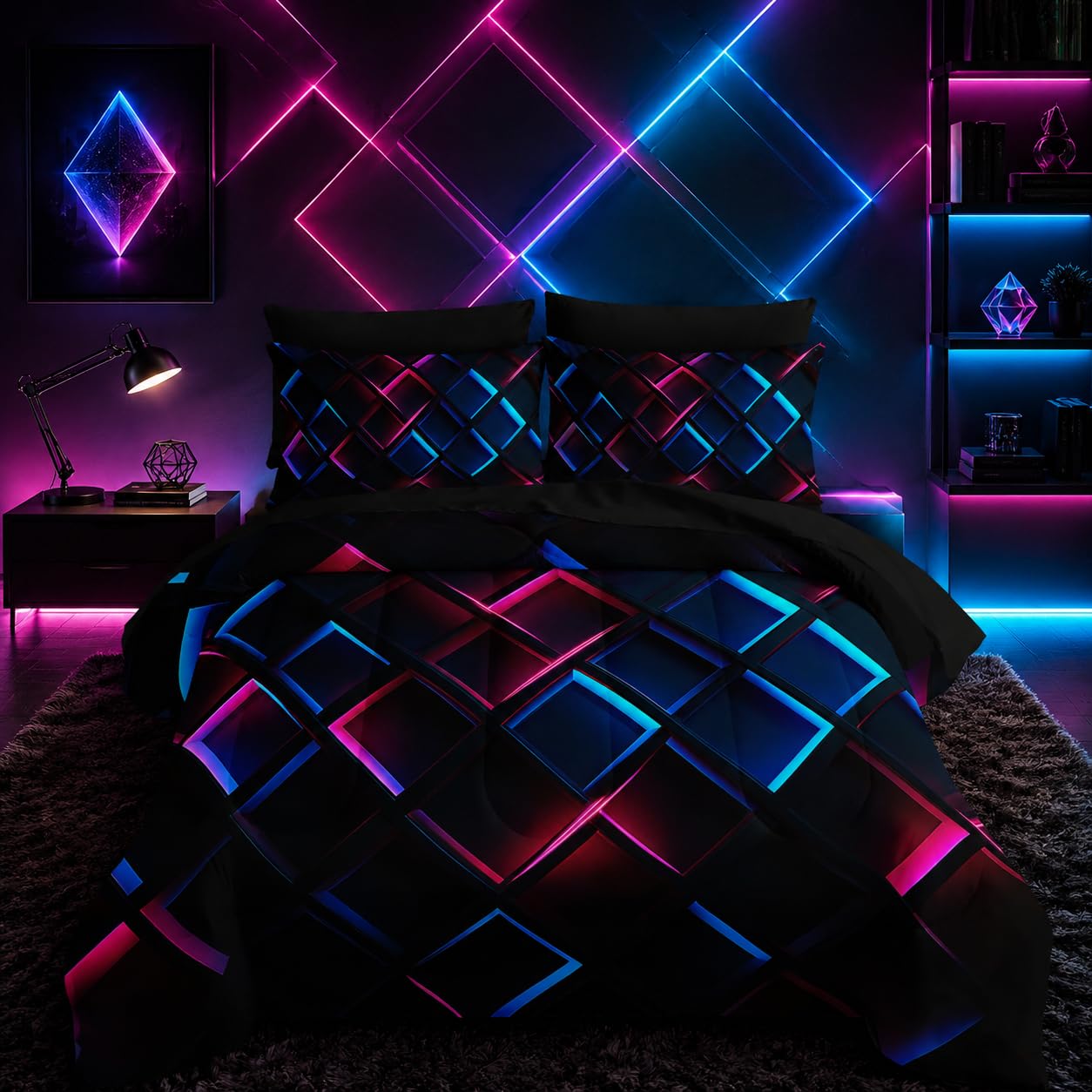Nttopship Blue Black Geometric Comforter Set Full Size 3D Stereoscopic Square Bedding Set Honeycomb Bedding Set 7 Pieces Modern Style Geometry Decor with Pillowcases,Flat, Fitted Sheet