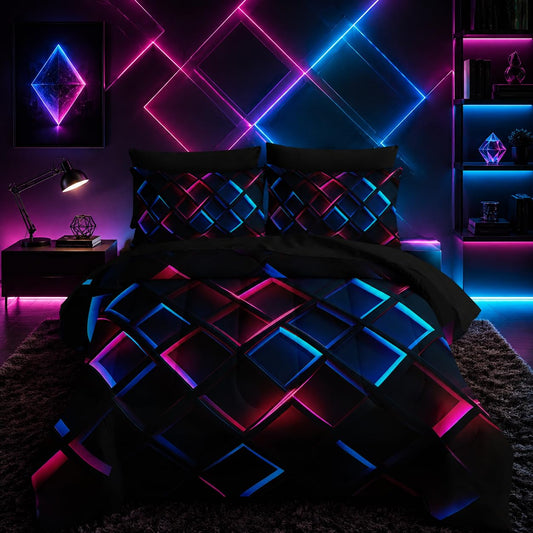 Nttopship Blue Black Geometric Comforter Set Full Size 3D Stereoscopic Square Bedding Set Honeycomb Bedding Set 7 Pieces Modern Style Geometry Decor with Pillowcases,Flat, Fitted Sheet