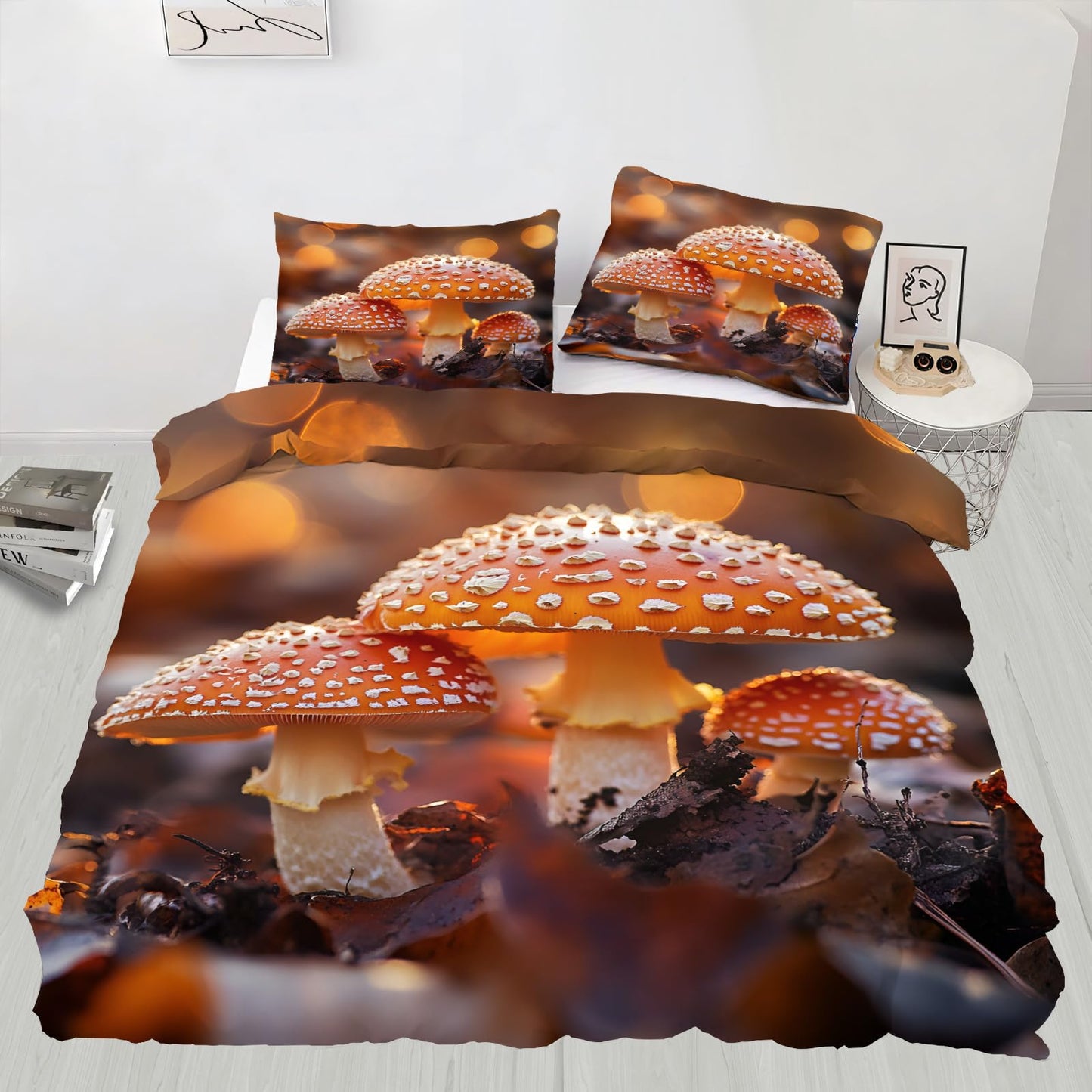 QINYUN Wild Mushroom Duvet Cover King Size, Fantasy Orange Mushrooms Bedding Set 3 Piece Bedroom Decor Autumn Comforter Cover and 2 Pillow Sham with Zipper Closure