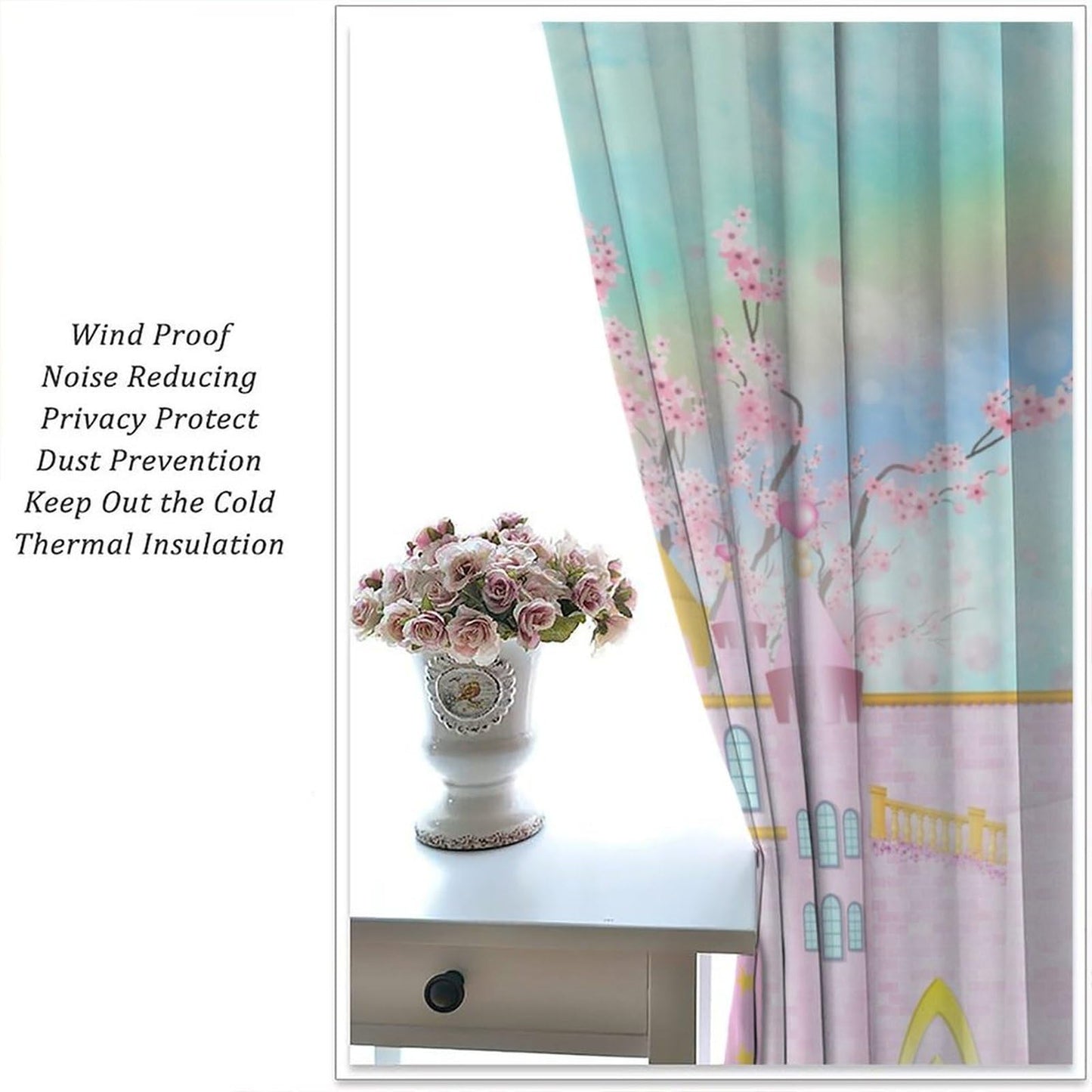 Pink Castle Curtains For Kids bedroom Cartoon Rainbow Pink Castle Pattern Rod Pocket Window Treatments For Girls Children Bedroom Nursery Living Room 2 Panels Set 41x 45 in （No Blackout）