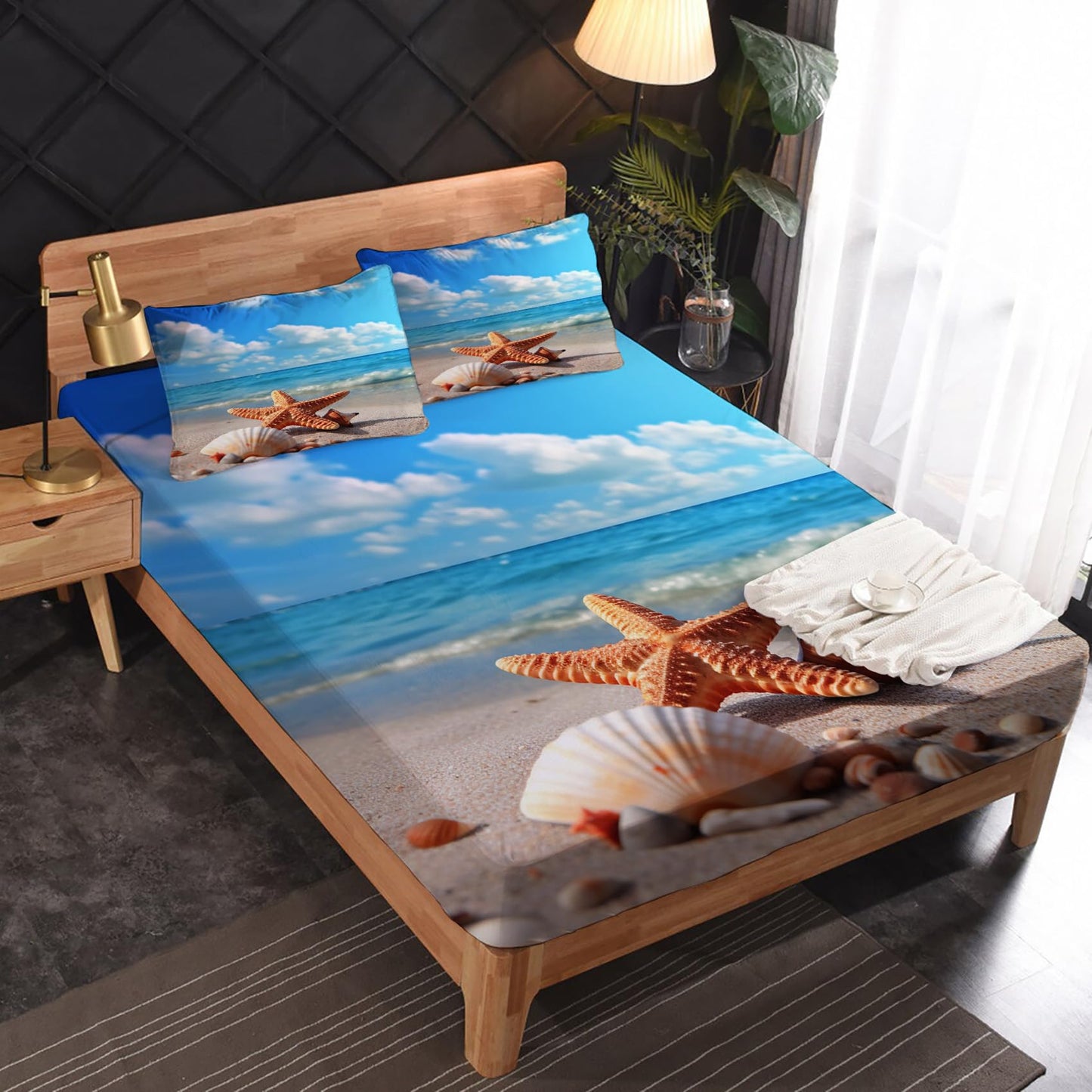 King Size Sheets Set - Beach Theme Bed Sheets, Starfish and Seashell Bedding Sheets & Pillowcases, Soft Microfiber & Deep Pocket & Wrinkle Free Sheet Set, 1 Fitted Sheet, 1 Flat Sheet, 2 Pillow Cases