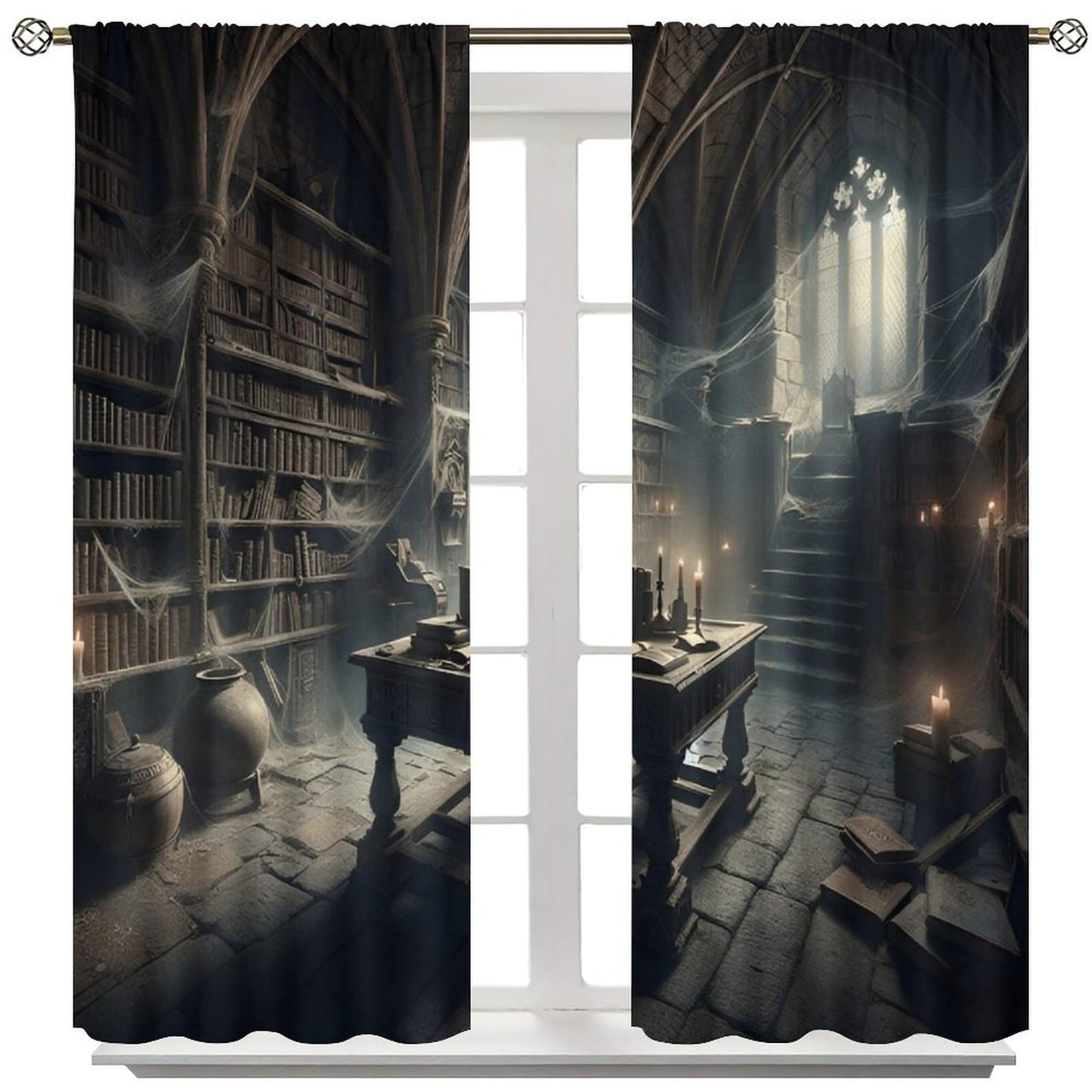 Nsbul Gothic Library Curtains, Mysterious Halloween Spooky Bookshelf Webs Dark Decor Window Treatment for Bedroom Living Room Festive Holiday, 42" W X 45" L(No Blackout)