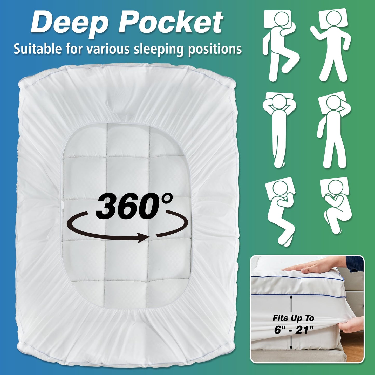 KUTUU Queen Mattress Topper, Extra Thick Pillow Top Mattress Pad Cover for Back Pain, 6-21 Inches Deep Pocket, 60x80 Inches, White