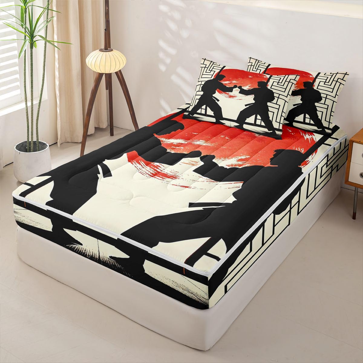 Feelyou Japanese Anime Comforter Set Full Samurai Zipper Bedding Set for Kids Boys Girls Exotic Style Bed in a Bag Microfiber with 2 Pillow Cases