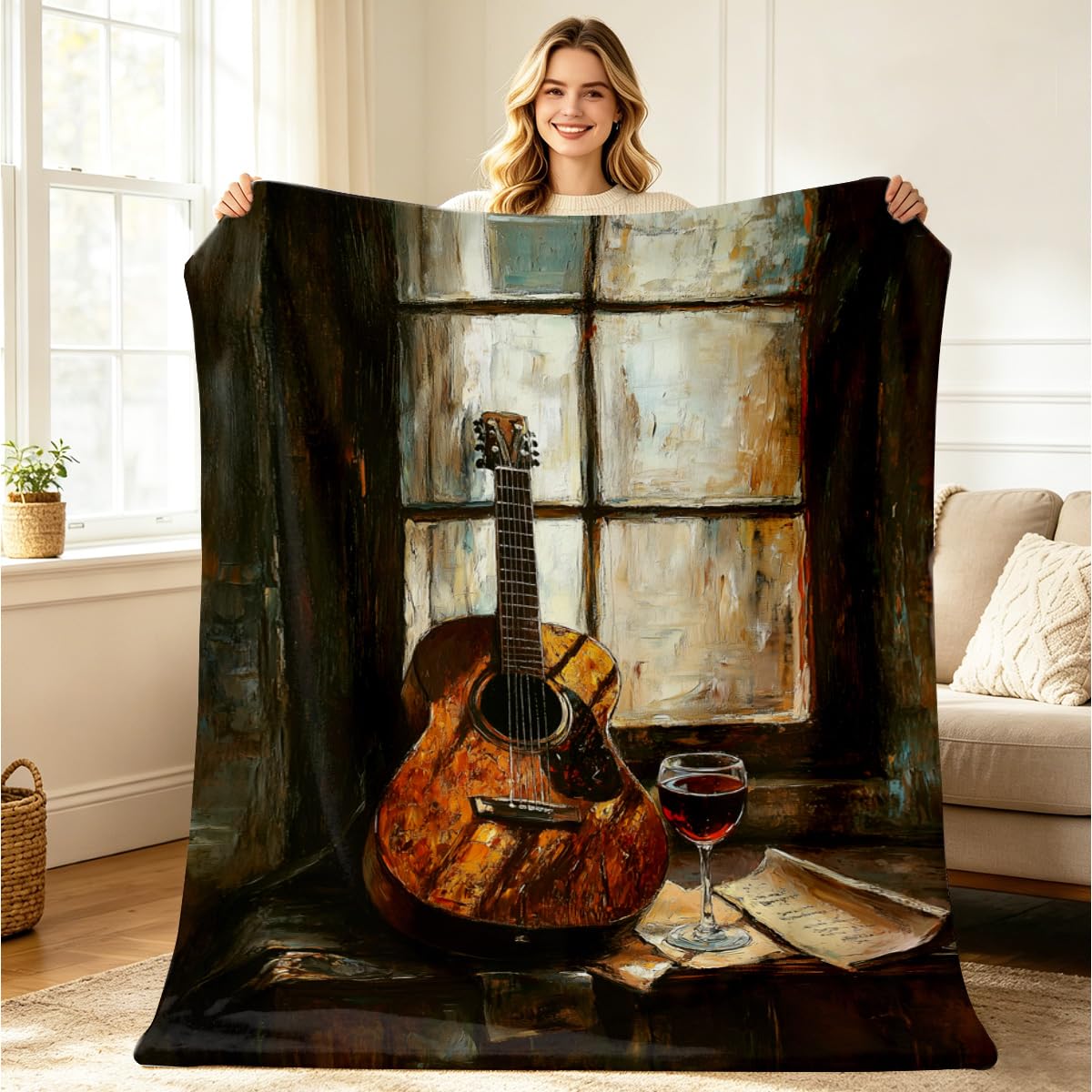 HUNXIAOJ Guitar Blanket Throw Music Decor Flannel Throw Musical Instruments Bedding Guitar Fleece Blanket Gifts for Men Women Girls Boys Kids Couch Home Bedroom Living Room Musician Decor 49"x59"