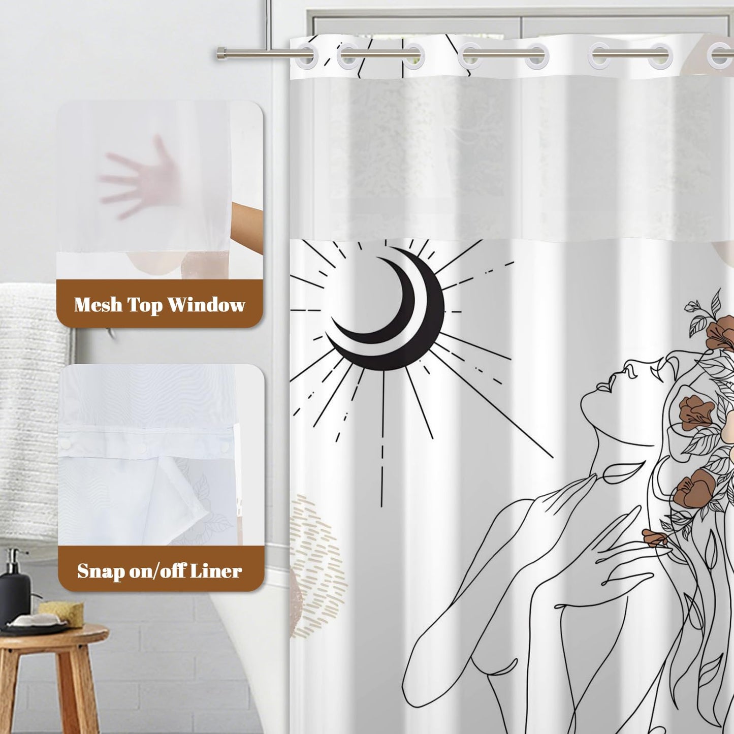 Xiazhilaio No Hook Bohemian Art Shower Curtain with Snap in Liner - 71″W x 74″L Waterproof Fabric with Mesh Top Window, Abstract Woman Floral Celestial Print Bath Curtain for Artistic Bathroom Decor