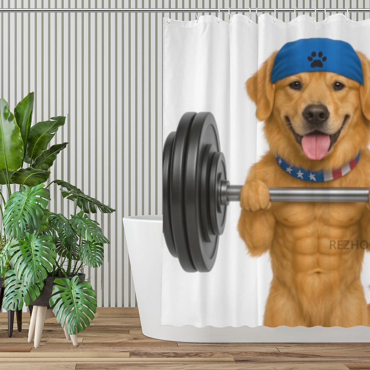 REZHOCH Funny Shower Curtain Golden Retriever Lifting Dumbbell Muscled Building Gym Humor Cloth Fabric Bathroom Decor Set with 12 Hooks 72" W x 72" L