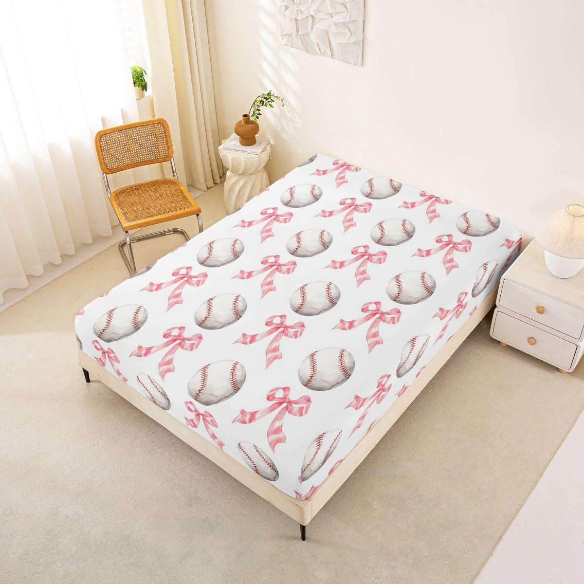 Castle Fairy Pink Bowknots Fitted Sheet Queen Size (No Flat),Baseball Sport Bedding Sets 3Pcs,Girls Boys Adult Room Decor,Ball Sports Bed Sheets Princess Cute Deep Pocket Sheet,2 Pillowcases