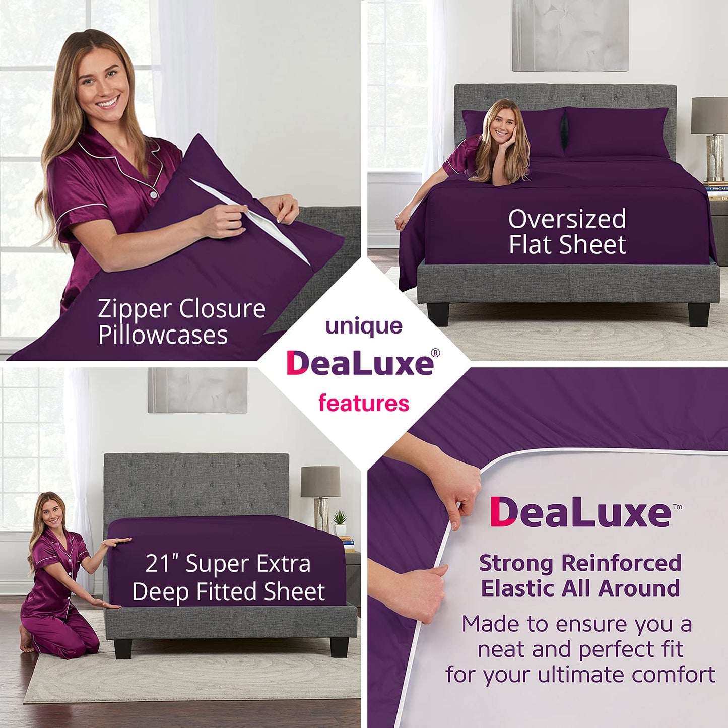Deep Pocket King Size Sheets – 21” Extra Deep Pocket King Size Sheets – [4 Piece Set] King Bed Sheets Oversize Flat Sheet, Fitted Sheet, 2 Zippered Pillowcases 18”–23” Deep Pocket King Sheets – Purple