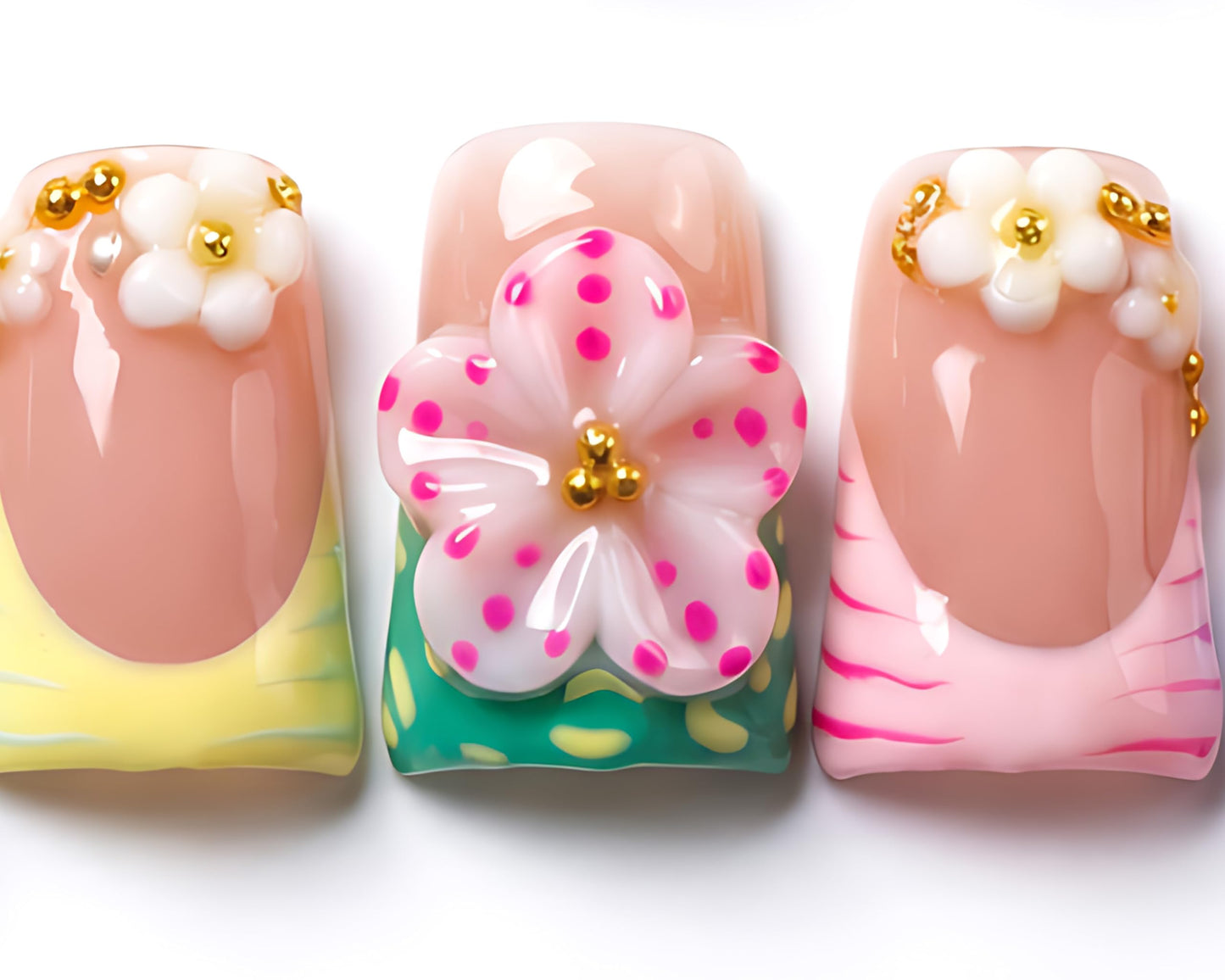 Handmade Press on Nails 3D Cute Glue on Nails for Women, Luxury Duck Nail Art Design, Fake Nails with 3D Nail Charms Size M 9