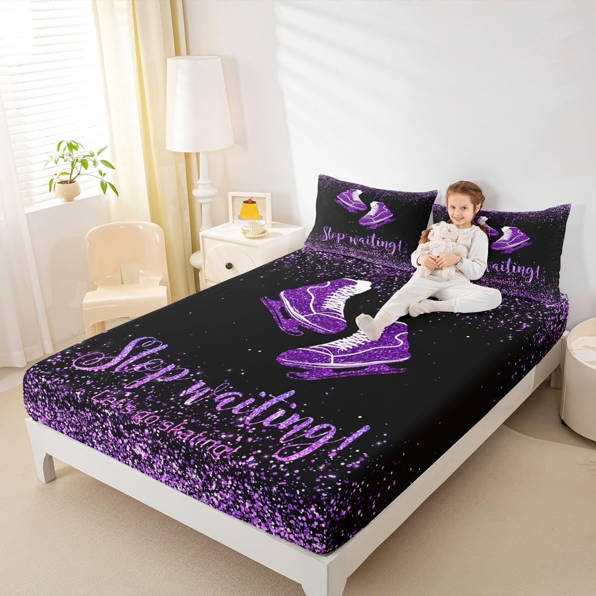 Homewish Skate Shoes Fitted Sheet Queen Size,Ice Skating Game Bedding Set 3pcs for Kids Teens Girls Boys Room Decor,Extreme Sport Bed Cover Glitter Purple Bed Sheet Set with 2 Pillowcases