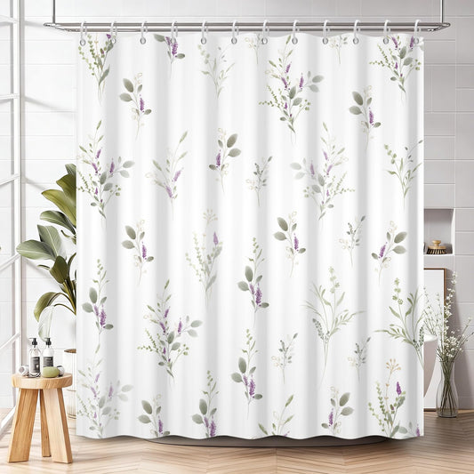 NAEMBCU Lavender Floral Shower Curtain with Hooks - 72x72 Inch Waterproof Fabric Watercolor Botanical Design Bath Tub Shower Curtains for Rustic Farmhouse & Boho Style Bathroom Decor