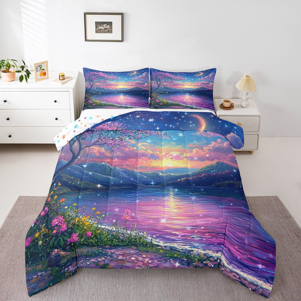 Rustic Flowers Queen Bedding Set for Kids Adults,Romantic Lakeside Trees Flowers Comforter Bed Set,Shining Starry Sky Quilt Set 3 PCS,Watercolor Lake Landscape Duvet Insert,2 Pillow Cases