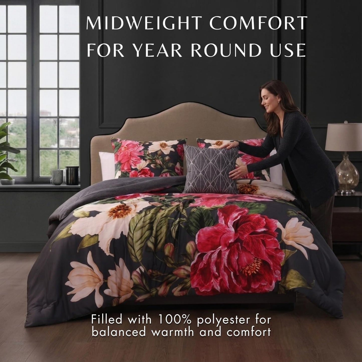 Bebejan Flower Garland 5 Piece Comforter Set, 100% Cotton Sateen, 220 Thread Count, Grey Reversible Bedding Comforter Set, 1 Comforter, 2 Shams & 2 Pillows (King/Cal King)