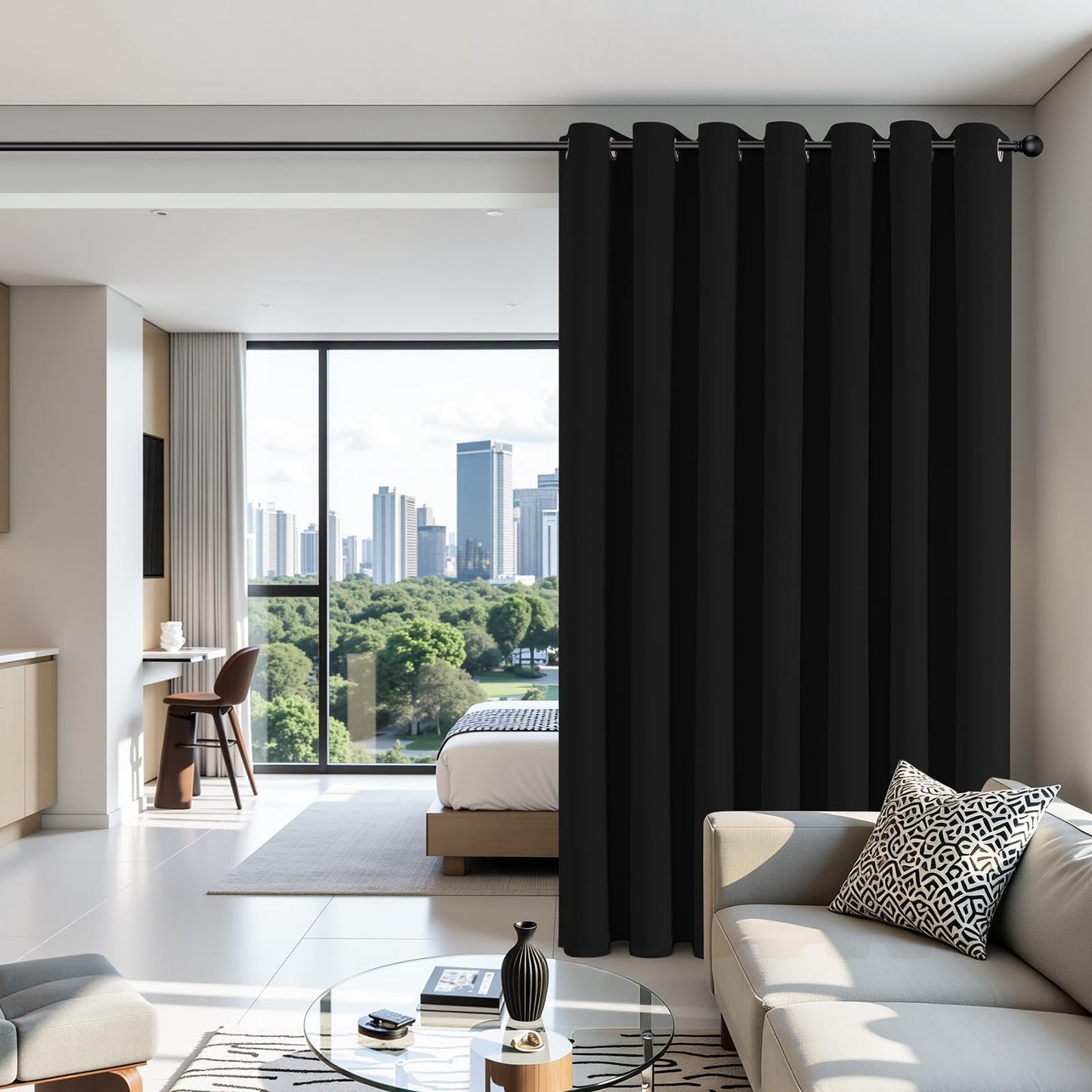 Joydeco Blackout Patio Sliding Door Curtains 84 Inches Long, Grommet Privacy Room Divider Curtains, Extra Wide Thermal Blackout Drapes for Bedroom Living Room (Black, 100Wx84L, 1 Panel)