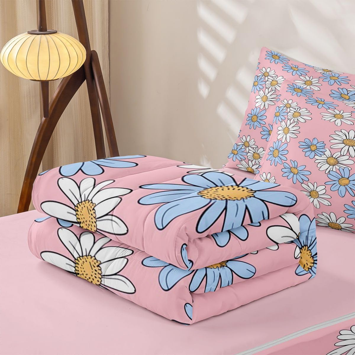 Feelyou Pink Floral Zipper Bedding Sets for Kids Boys Girls Cartoon Cute Daisy Flower Queen Comforter Set with Fitted Sheet Botanical Aesthetic Bedroom Decor Microfiber with 2 Pillow Cases
