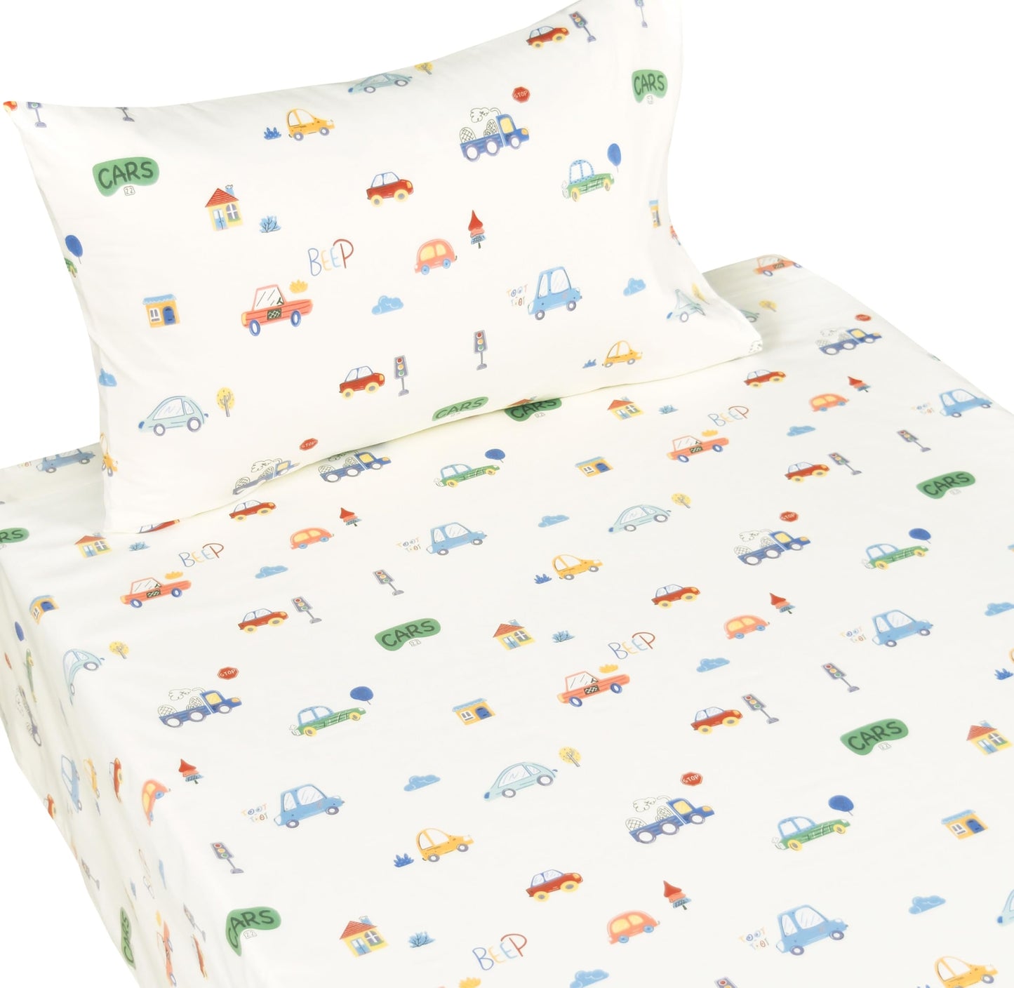 Scientific Sleep Family Vehicle Cars House Milky White Simple Gentle 3 Pcs Twin Bed Sheet Set 100% Cotton Flat Sheet & Fitted Sheet & Pillowcase Natural Bedding Set Kids Boys Girls (Motorcar, Twin)