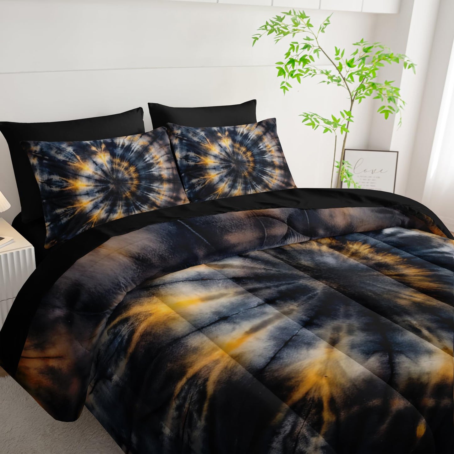 Nttopship Dark Tie Dye Comforter Set Full Bedding Sets 7PCS,Abstract 7 Piece in A Bag Tie Dye Bedding Set 7 Piece in A Bag,Bed Sheet Set Yellow Fission Graffiti Microfiber Lightweight All Season